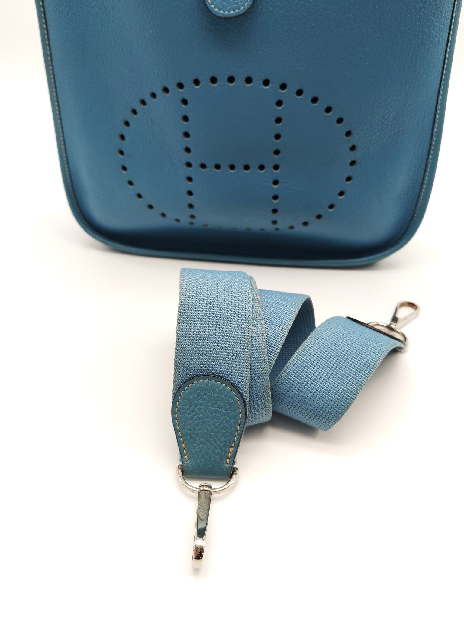 Evelyne PM Blue Jean in Clemence Leather and Palladium Hardware Stamp Square I (2005) | Purse Maison Luxury Bags Shop