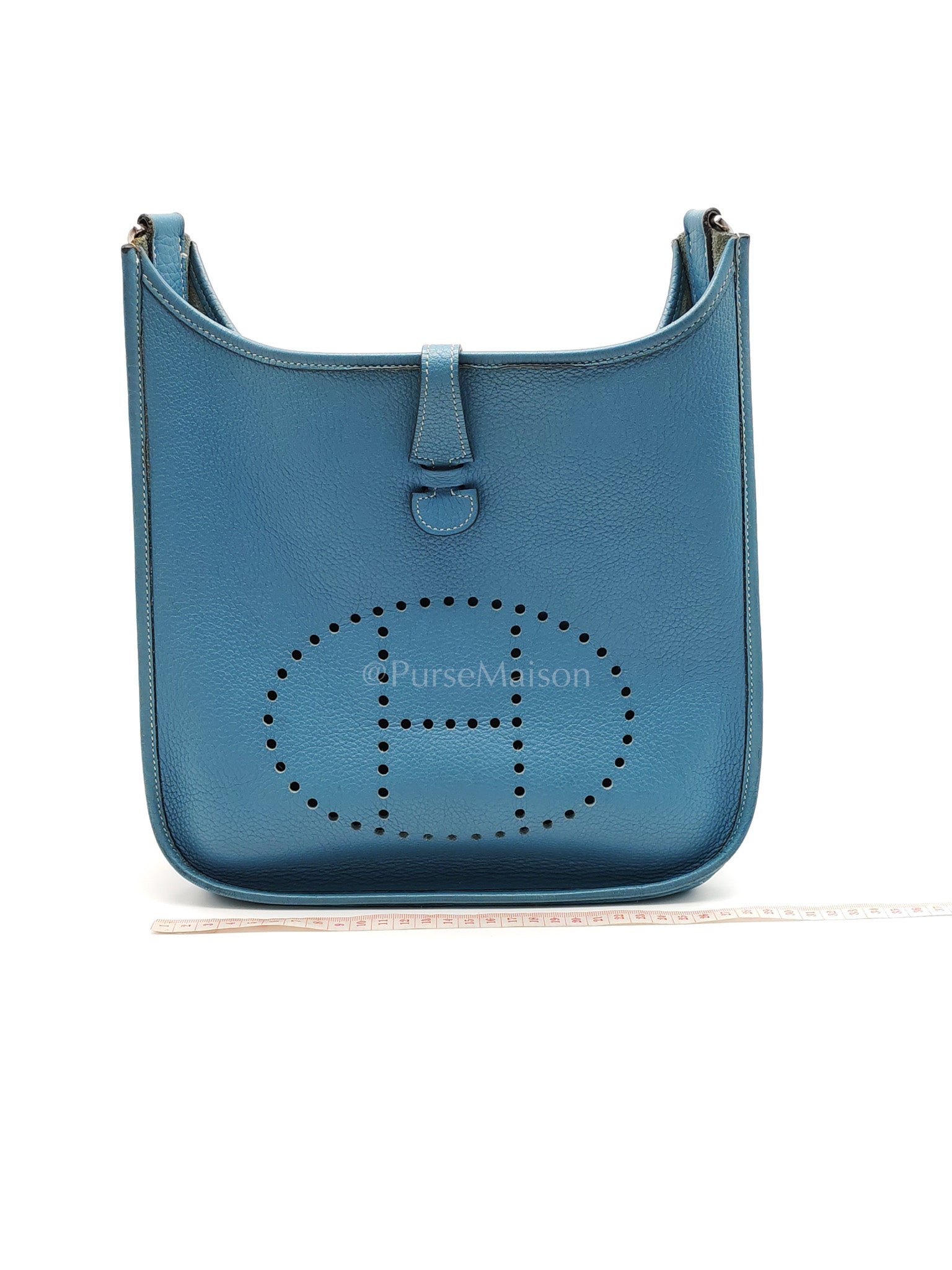 Evelyne PM Blue Jean in Clemence Leather and Palladium Hardware Stamp Square I (2005) | Purse Maison Luxury Bags Shop