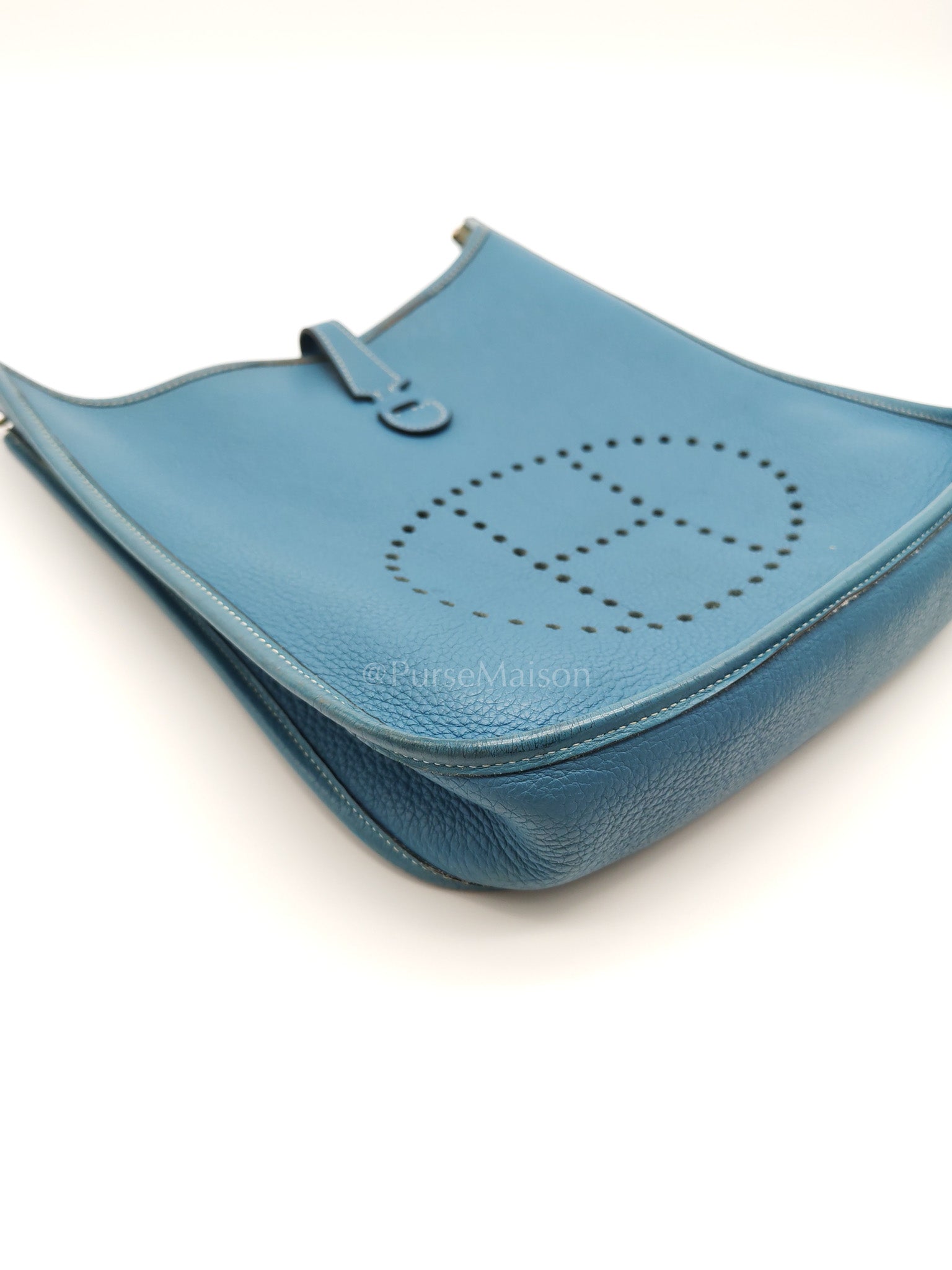 Evelyne PM Blue Jean in Clemence Leather and Palladium Hardware Stamp Square I (2005) | Purse Maison Luxury Bags Shop
