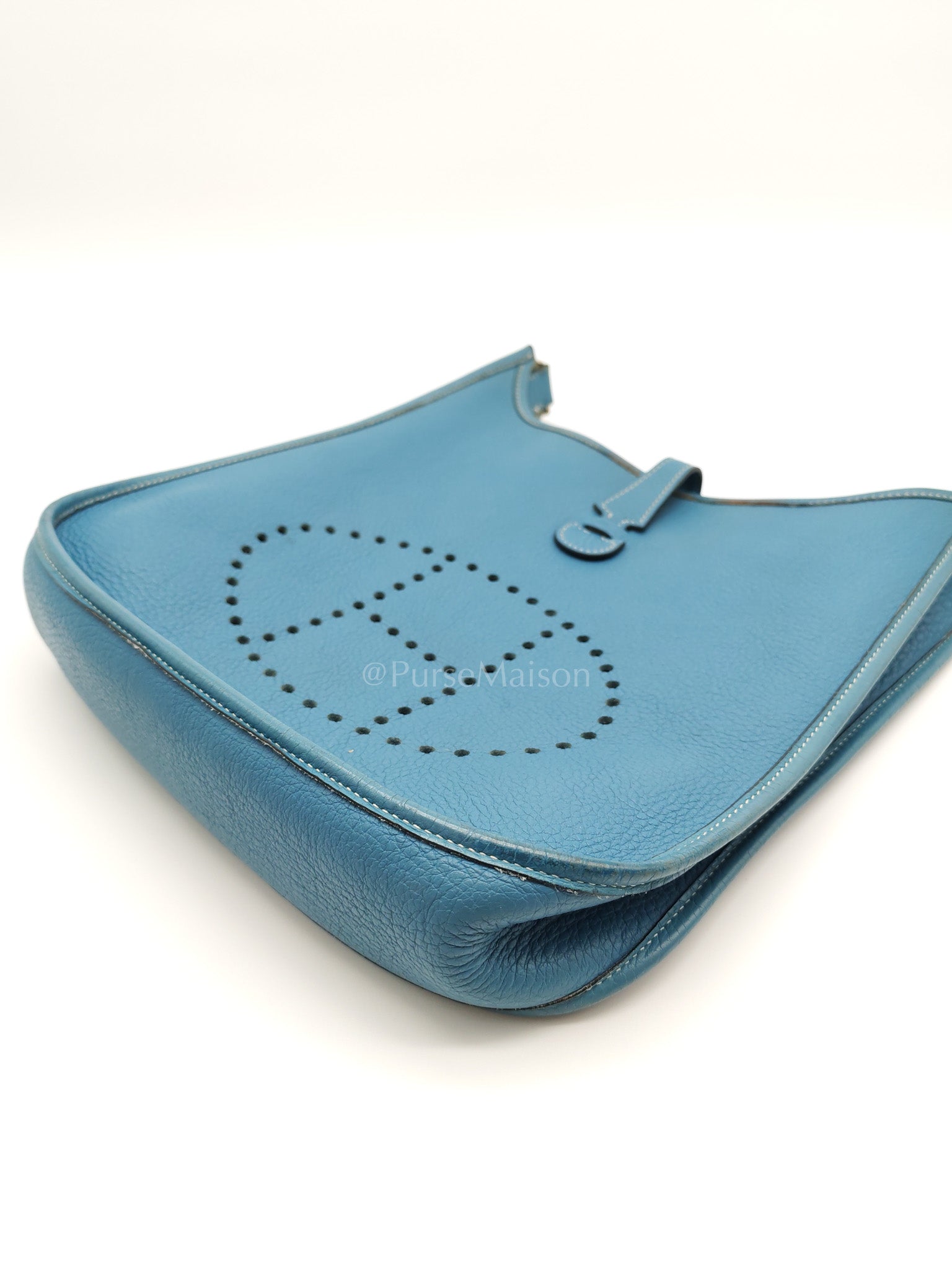 Evelyne PM Blue Jean in Clemence Leather and Palladium Hardware Stamp Square I (2005) | Purse Maison Luxury Bags Shop