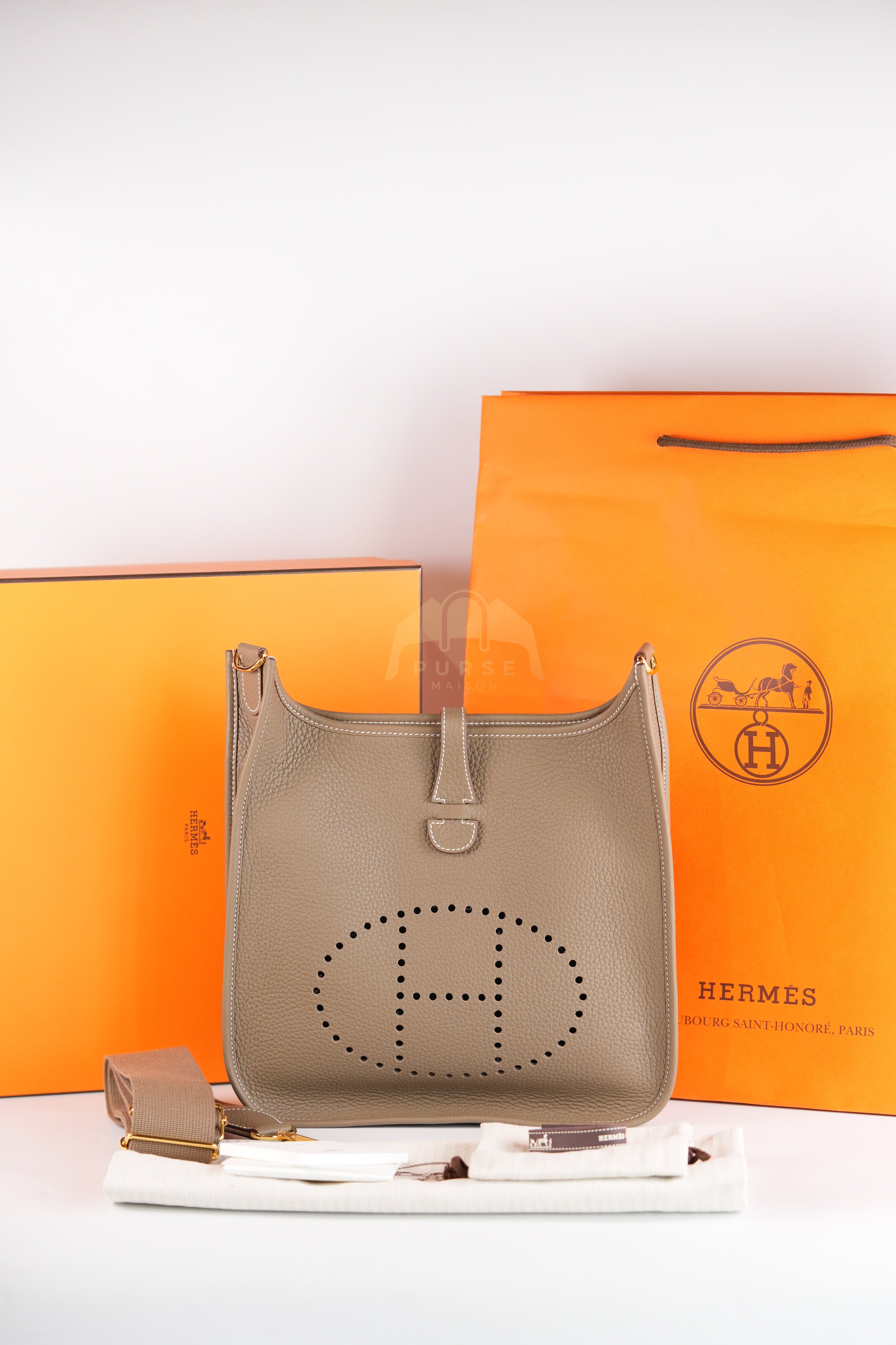 Evelyne PM Etoupe in Clemence Leather and Gold Hardware Stamp K (2025) | Purse Maison Luxury Bags Shop