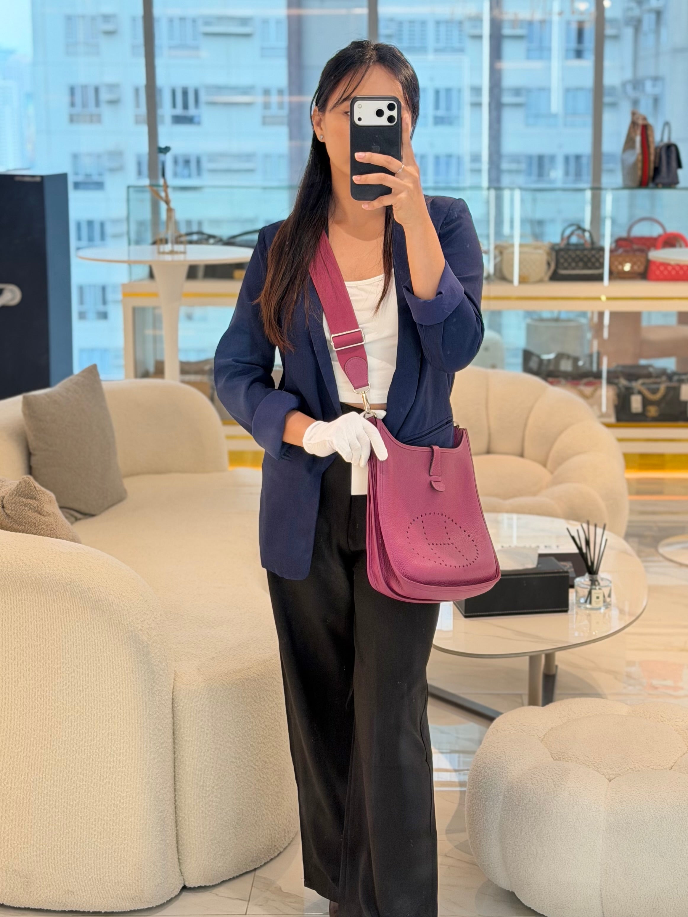 Evelyne PM in Anemone Taurillom Clemence Leather & Palladium Hardware Stamp Square R (2014) | Purse Maison Luxury Bags Shop