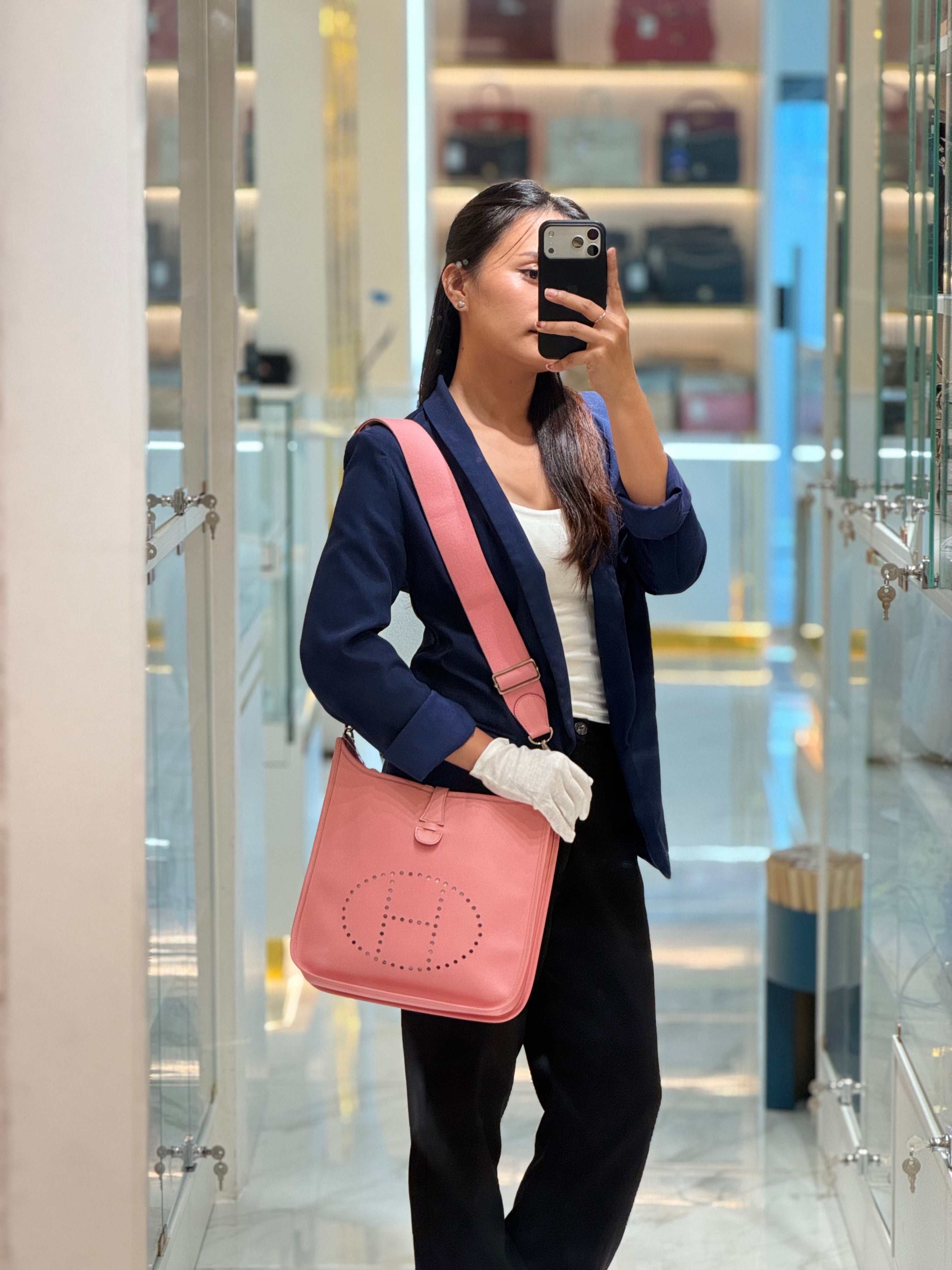 Evelyne PM in Pink Epsom Leather & Palladium Hardware Stamp T(2015) | Purse Maison Luxury Bags Shop