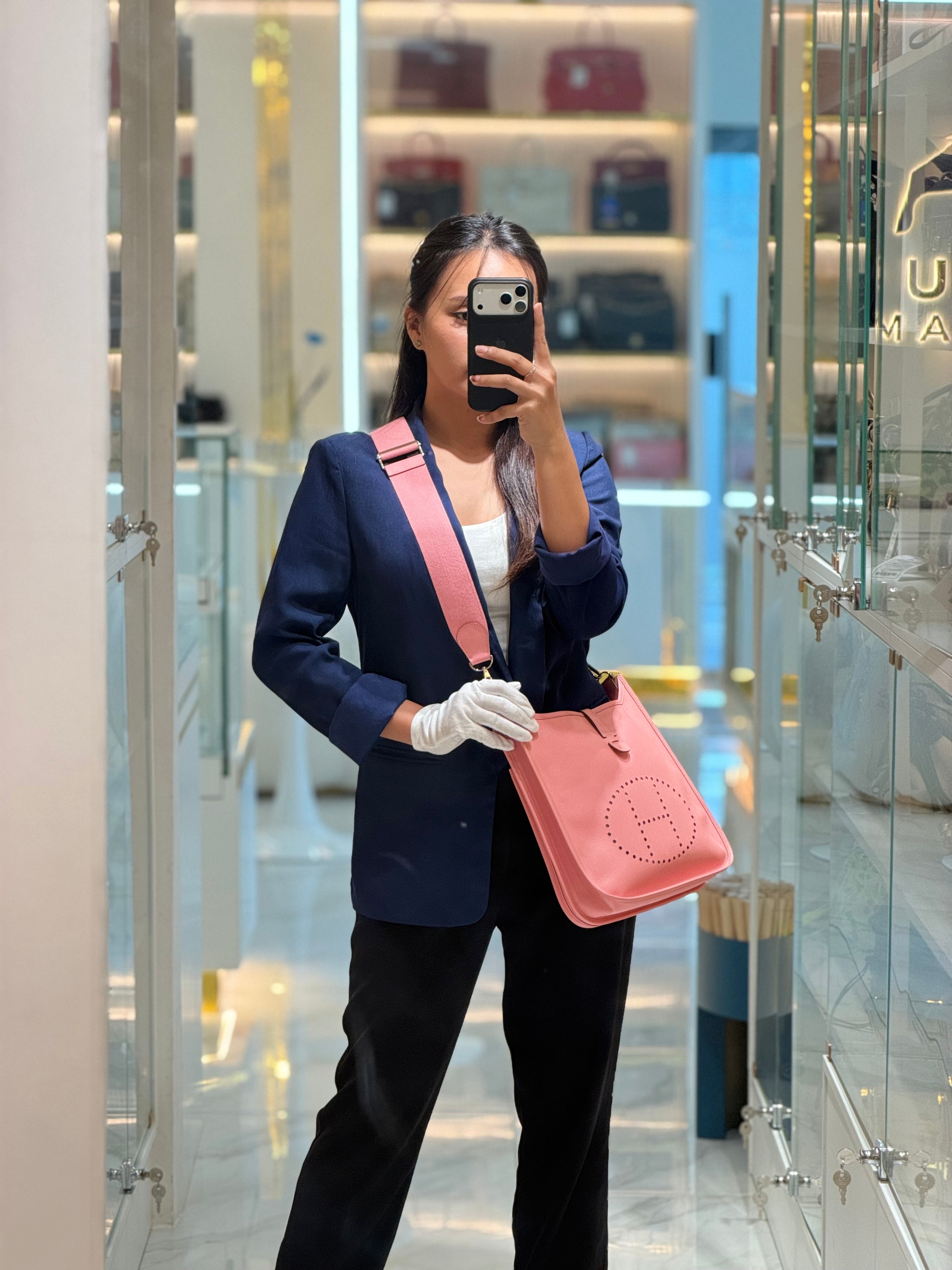 Evelyne PM in Pink Epsom Leather & Palladium Hardware Stamp T(2015) | Purse Maison Luxury Bags Shop