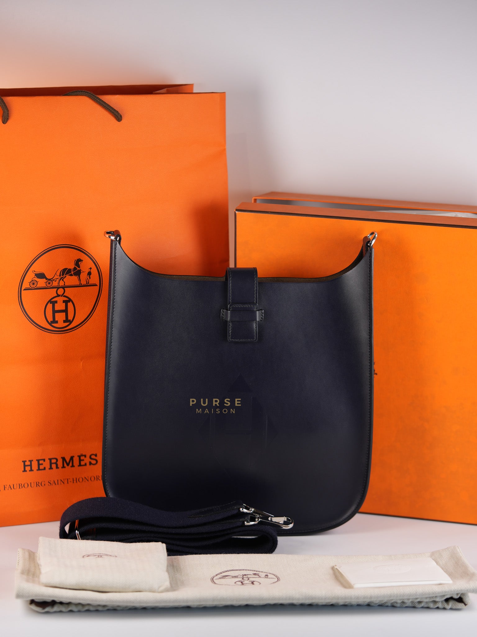 Evelyne Sellier 29 PM in Navy Blue Vache Hunter leather Stamp A(2017) | Purse Maison Luxury Bags Shop