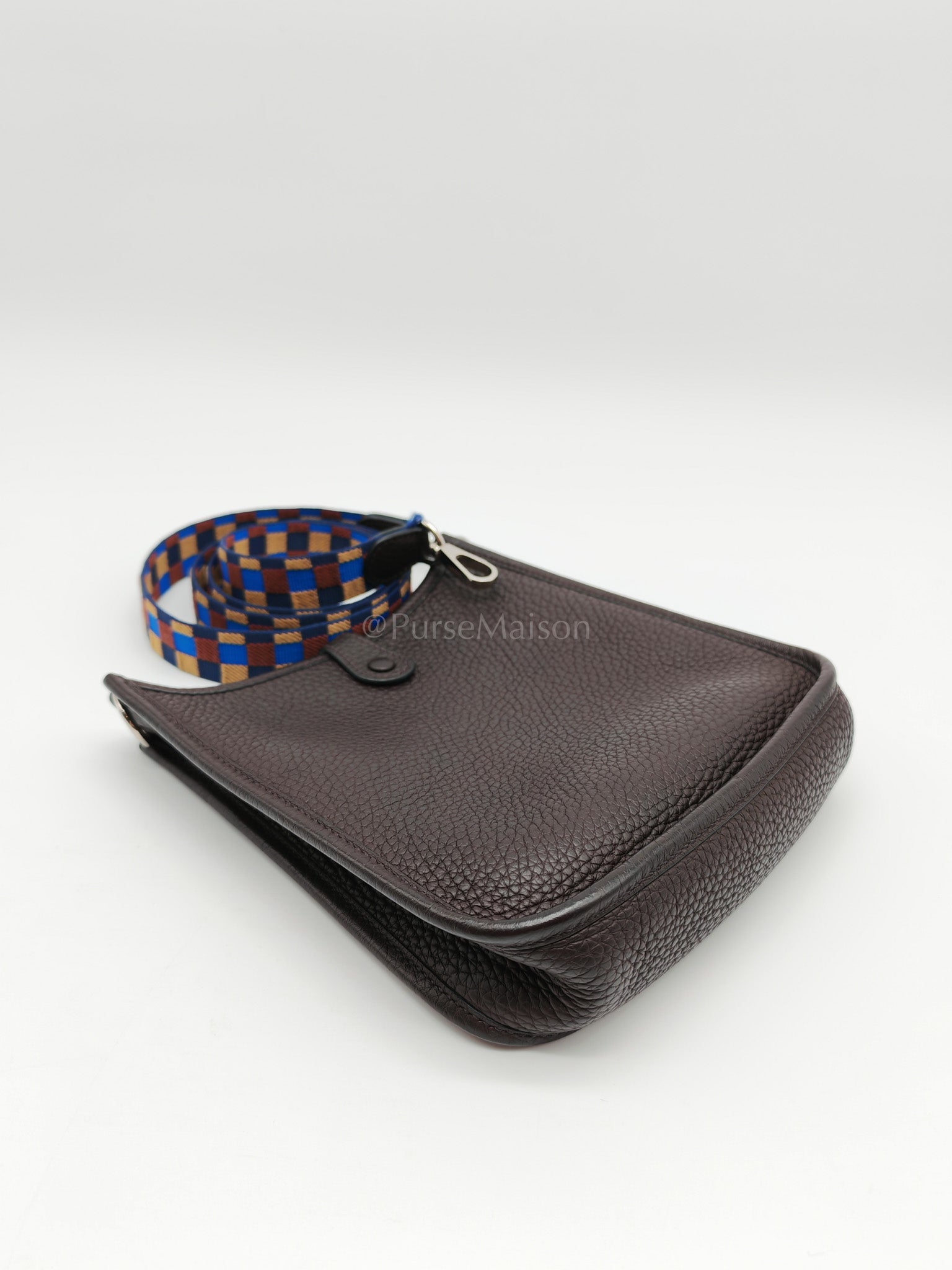 Evelyne TPM Ebene Clemence Leather in Palladium Hardware and Multicolor Maxi Quadrille Strap Stamp U (2022) | Purse Maison Luxury Bags Shop