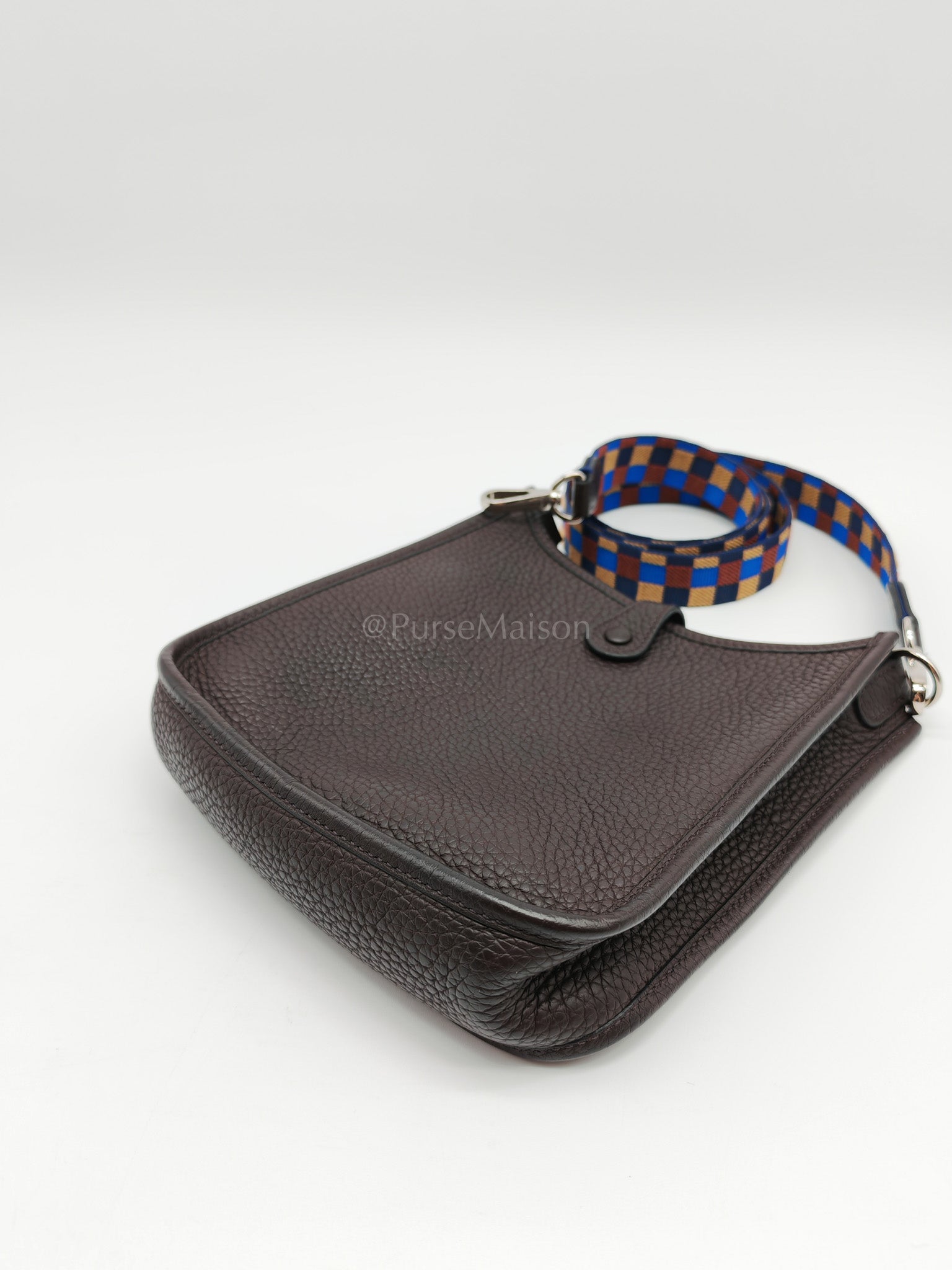 Evelyne TPM Ebene Clemence Leather in Palladium Hardware and Multicolor Maxi Quadrille Strap Stamp U (2022) | Purse Maison Luxury Bags Shop