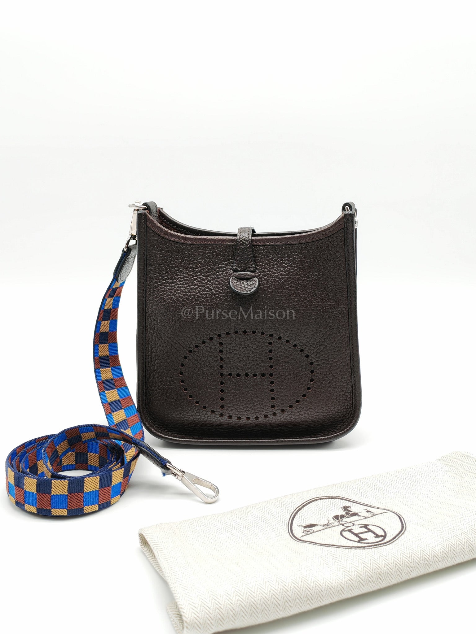 Evelyne TPM Ebene Clemence Leather in Palladium Hardware and Multicolor Maxi Quadrille Strap Stamp U (2022) | Purse Maison Luxury Bags Shop