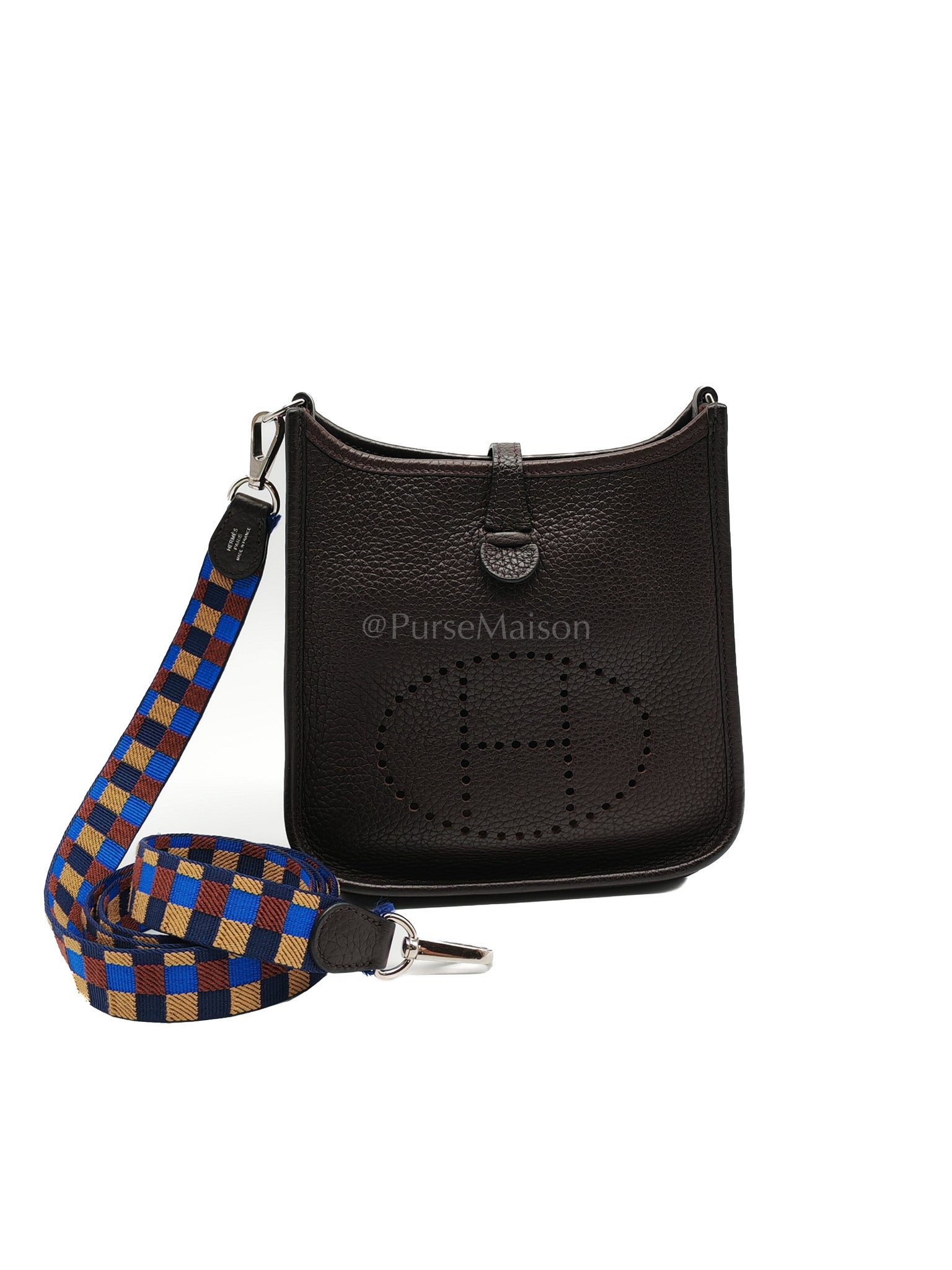 Evelyne TPM Ebene Clemence Leather in Palladium Hardware and Multicolor Maxi Quadrille Strap Stamp U (2022) | Purse Maison Luxury Bags Shop