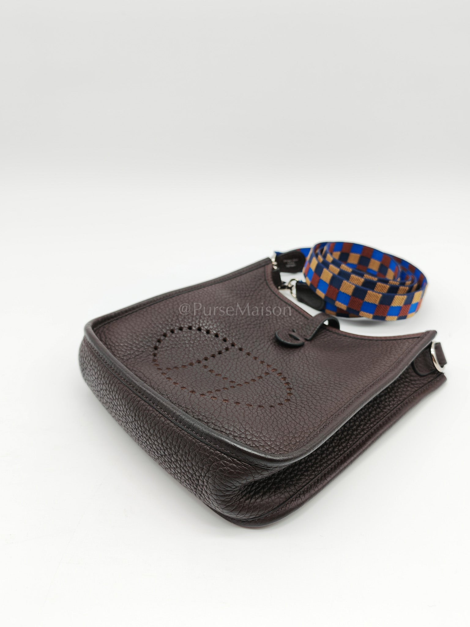 Evelyne TPM Ebene Clemence Leather in Palladium Hardware and Multicolor Maxi Quadrille Strap Stamp U (2022) | Purse Maison Luxury Bags Shop