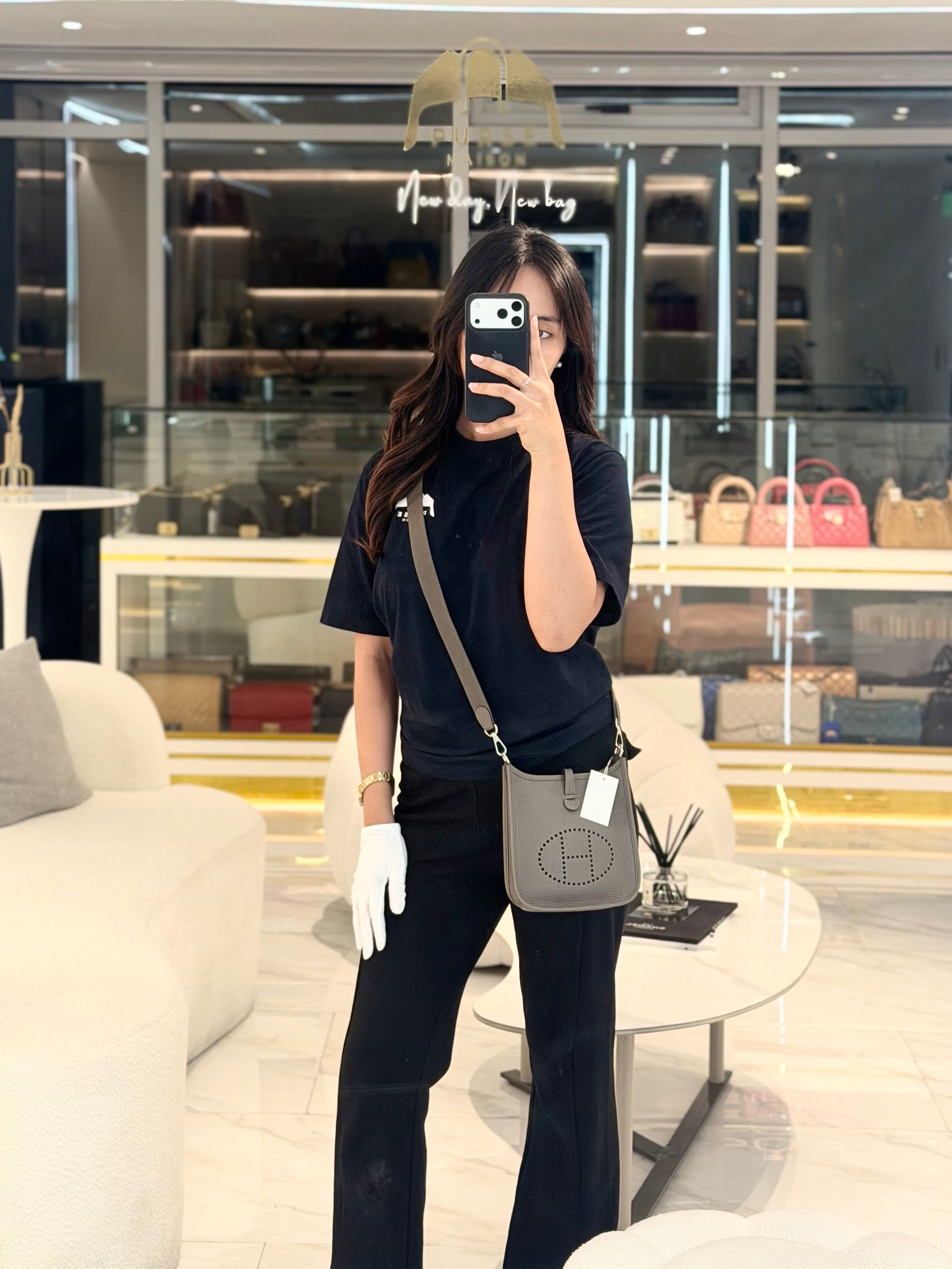 Evelyne TPM Etain in Clemence Leather and Palladium Hardware Bi-color Strap Stamp T (2015) | Purse Maison Luxury Bags Shop