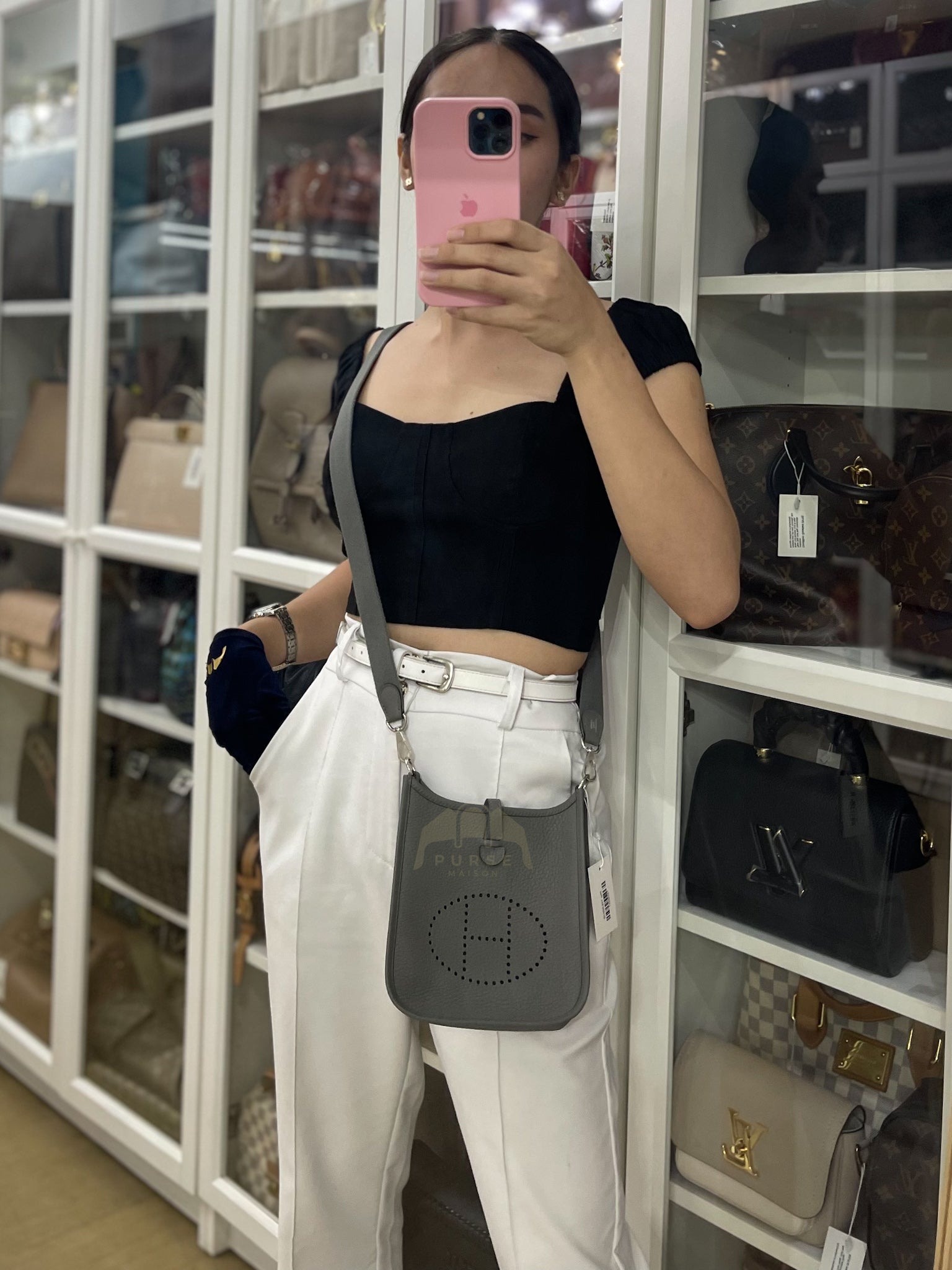 Evelyne TPM Gris Meyer Clemence Leather Palladium Hardware Stamp K(2025) | Purse Maison Luxury Bags Shop