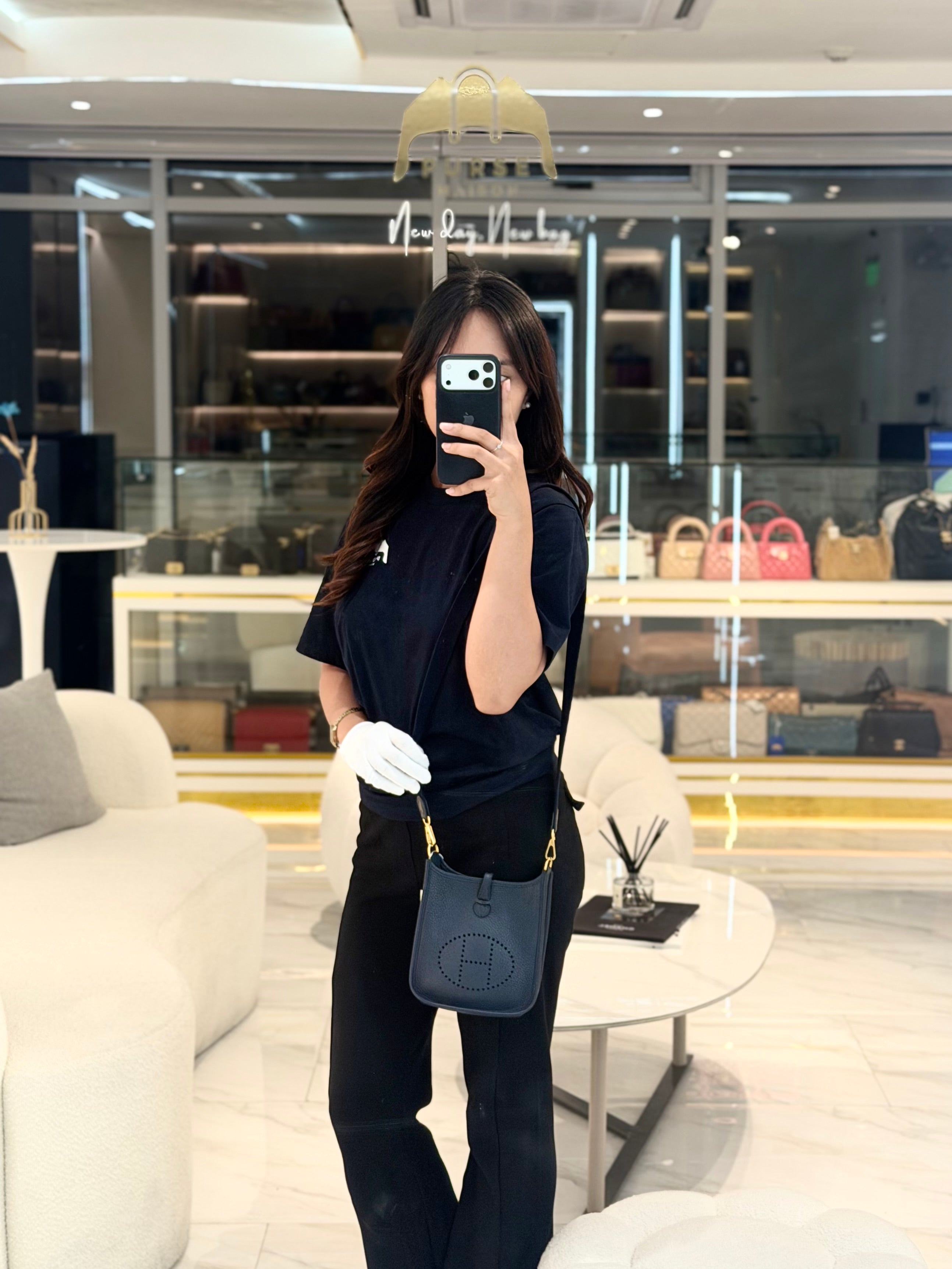 Evelyne TPM in Navy Blue Clemence Leather and Gold Hardware Stamp Z (2021) | Purse Maison Luxury Bags Shop