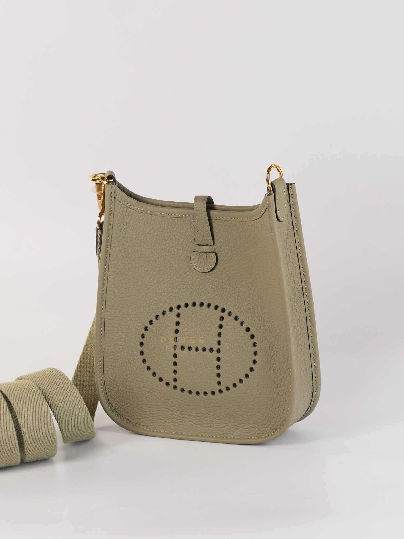 Evelyne TPM Sauge Taurillon Clemence Leather and Gold Hardware Stamp B (2023) | Purse Maison Luxury Bags Shop