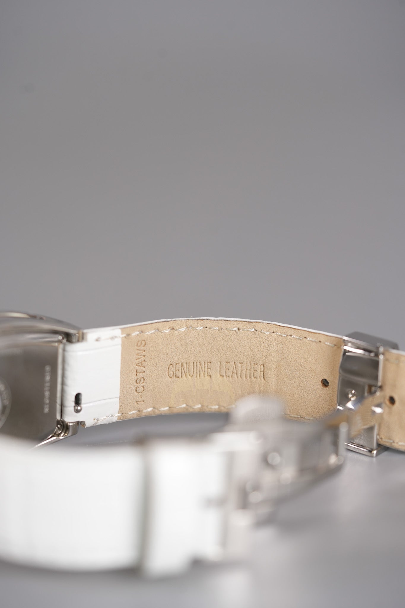 Evolution Mini Watch in Mother Pearl Dial & Diamond Steel Case on White Leather Strap | Purse Maison Luxury Bags Shop