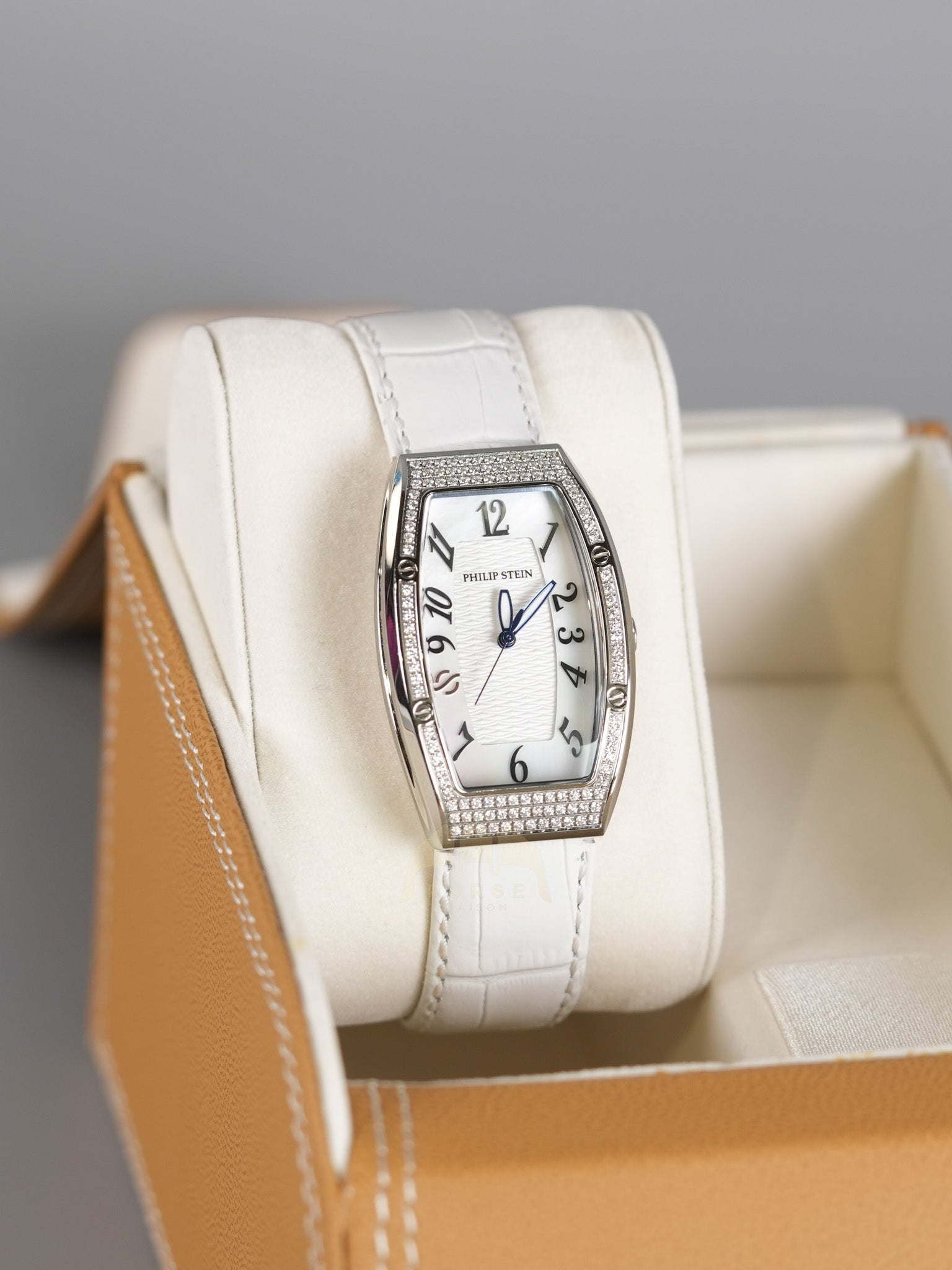 Evolution Mini Watch in Mother Pearl Dial & Diamond Steel Case on White Leather Strap | Purse Maison Luxury Bags Shop
