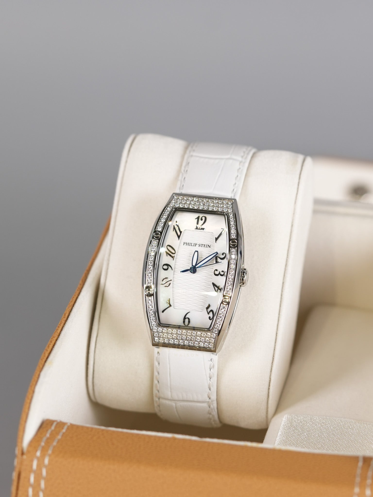 Evolution Mini Watch in Mother Pearl Dial & Diamond Steel Case on White Leather Strap | Purse Maison Luxury Bags Shop