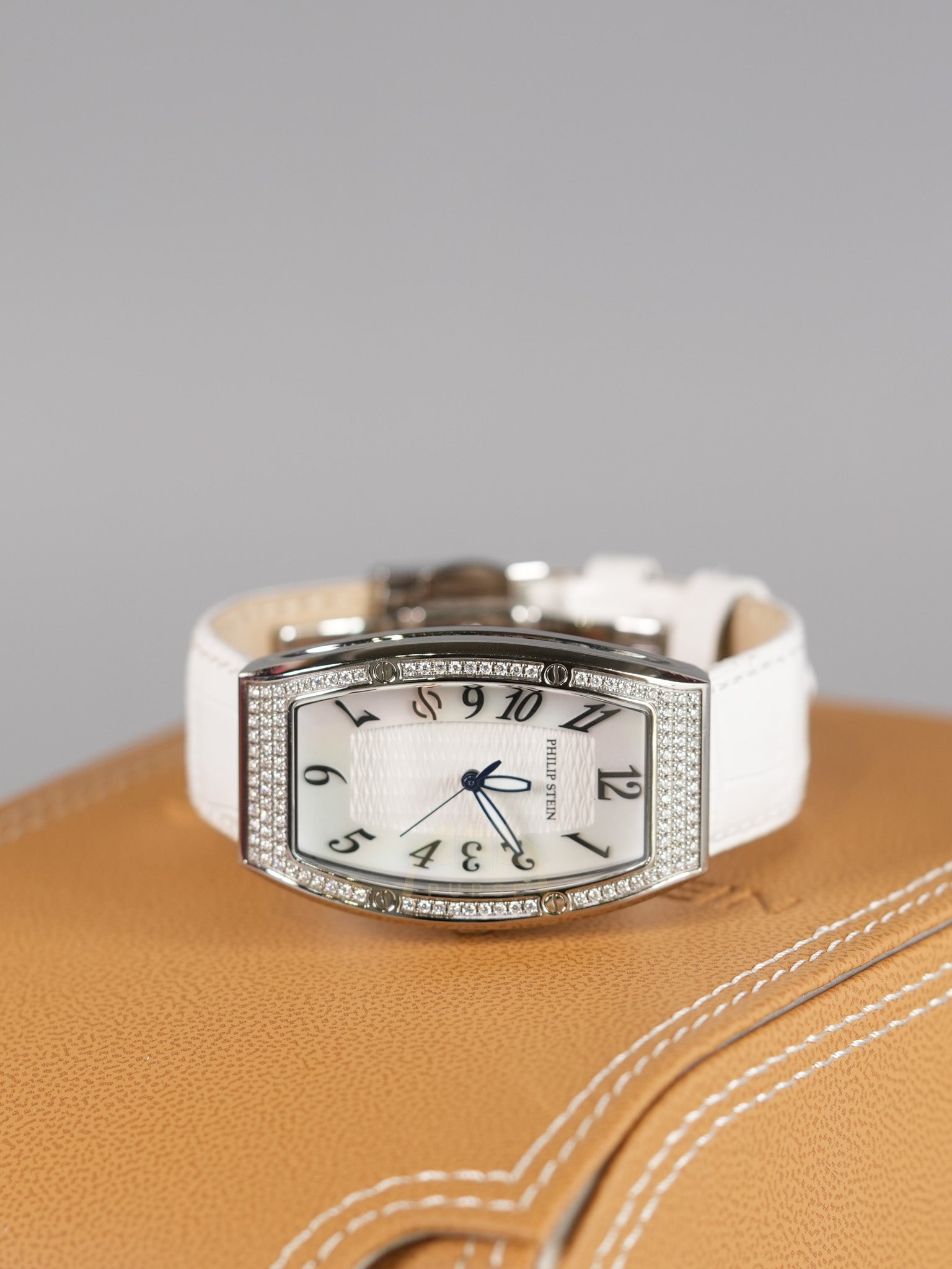 Evolution Mini Watch in Mother Pearl Dial & Diamond Steel Case on White Leather Strap | Purse Maison Luxury Bags Shop