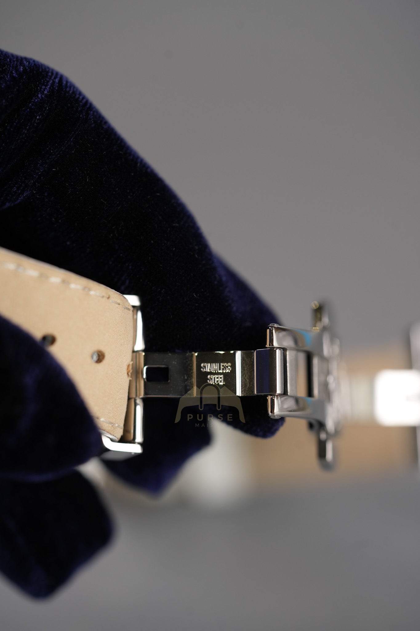 Evolution Mini Watch in Mother Pearl Dial & Diamond Steel Case on White Leather Strap | Purse Maison Luxury Bags Shop