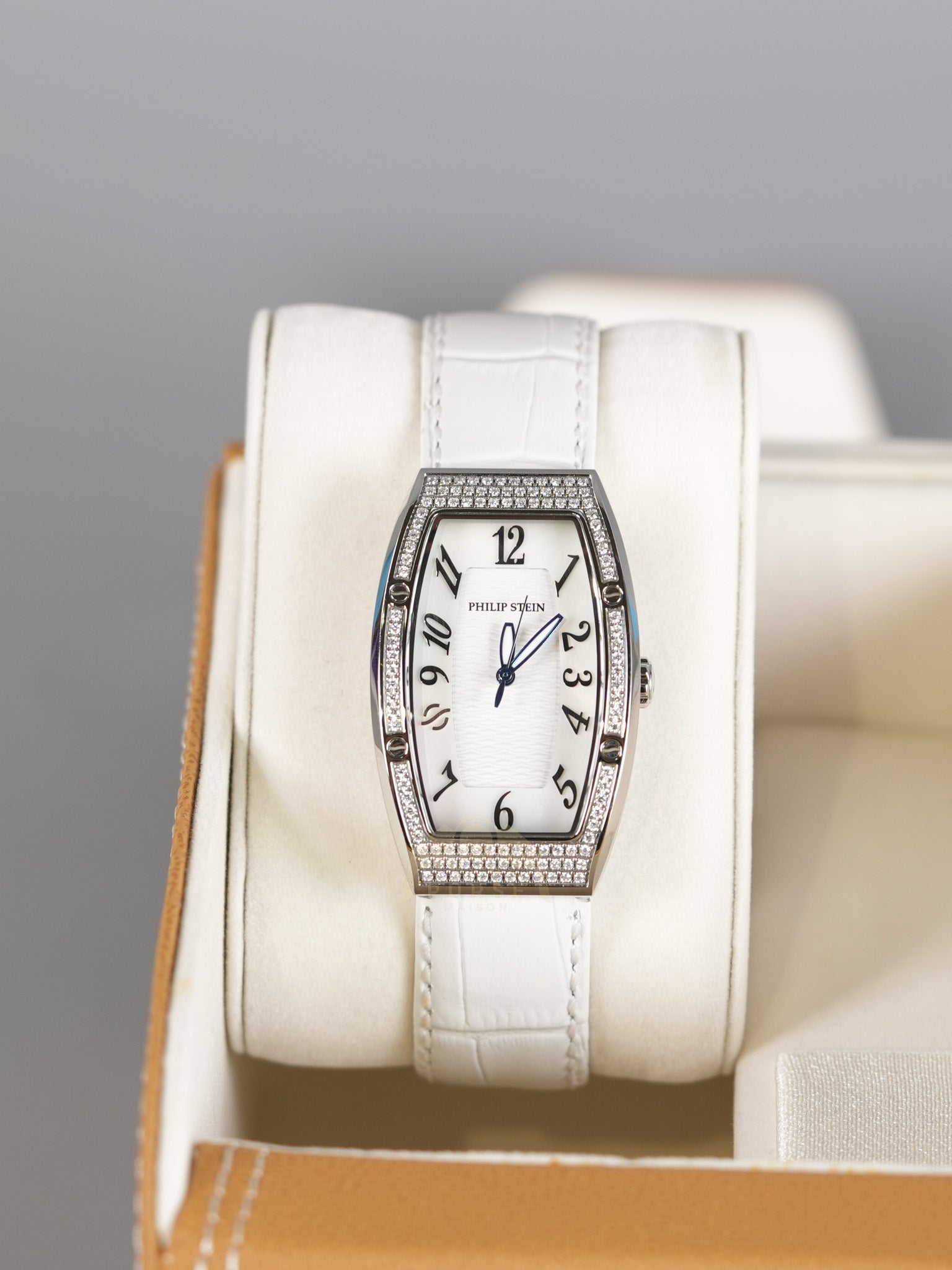 Evolution Mini Watch in Mother Pearl Dial & Diamond Steel Case on White Leather Strap | Purse Maison Luxury Bags Shop