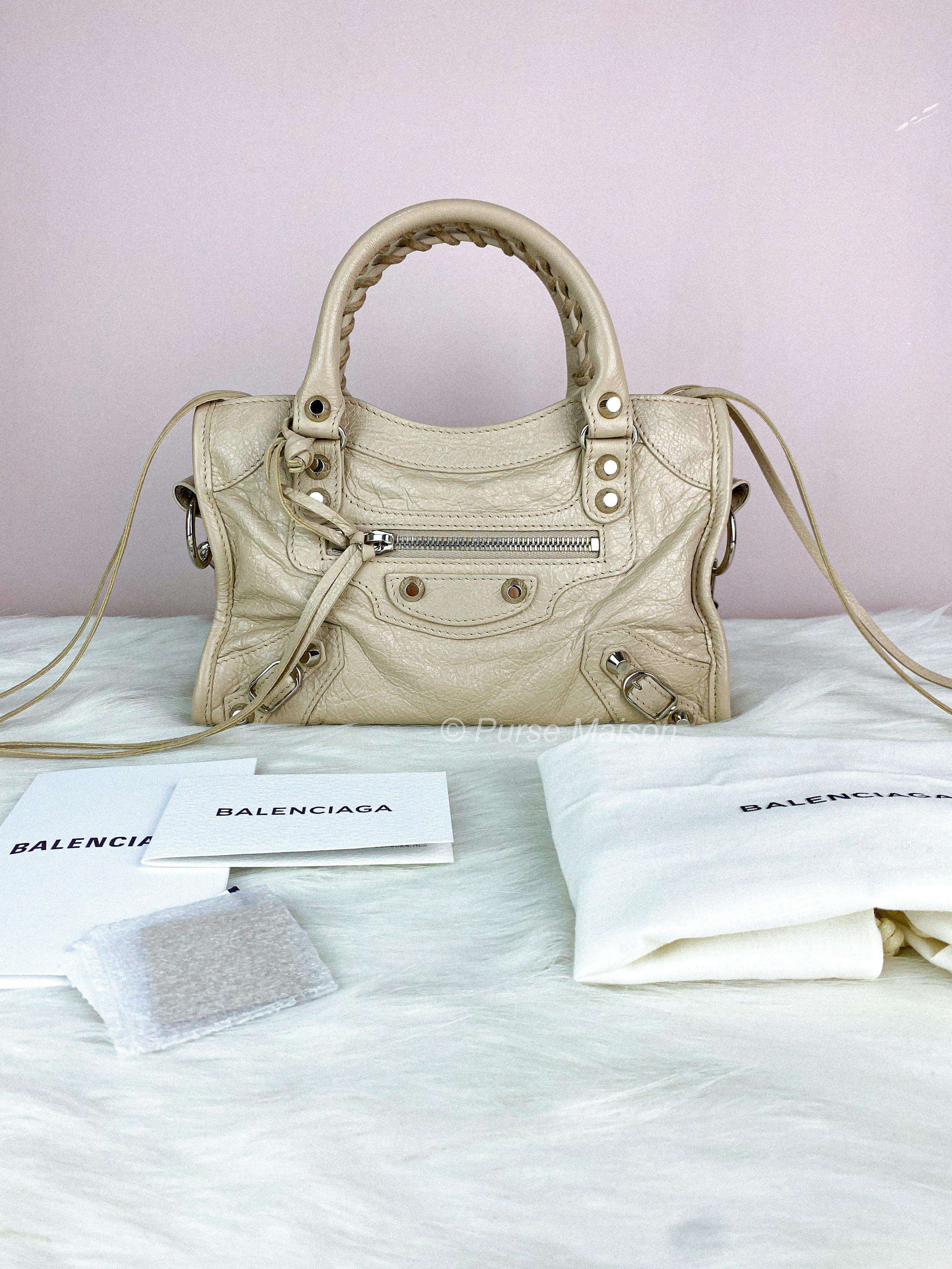 Excellent condition Balenciaga mini classic city lambskin silver hardware beige