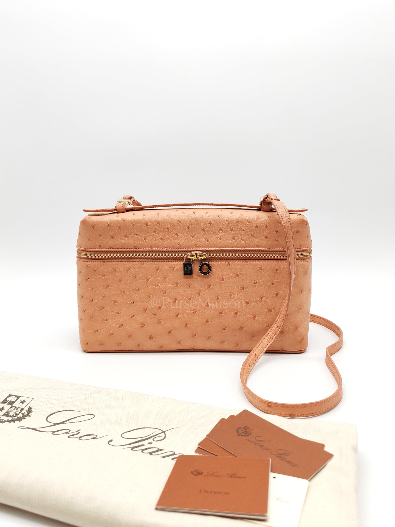 Extra Pocket L27 Pouch in Coral Pink Ostrich Leather & Gold Hardware | Purse Maison Luxury Bags Shop