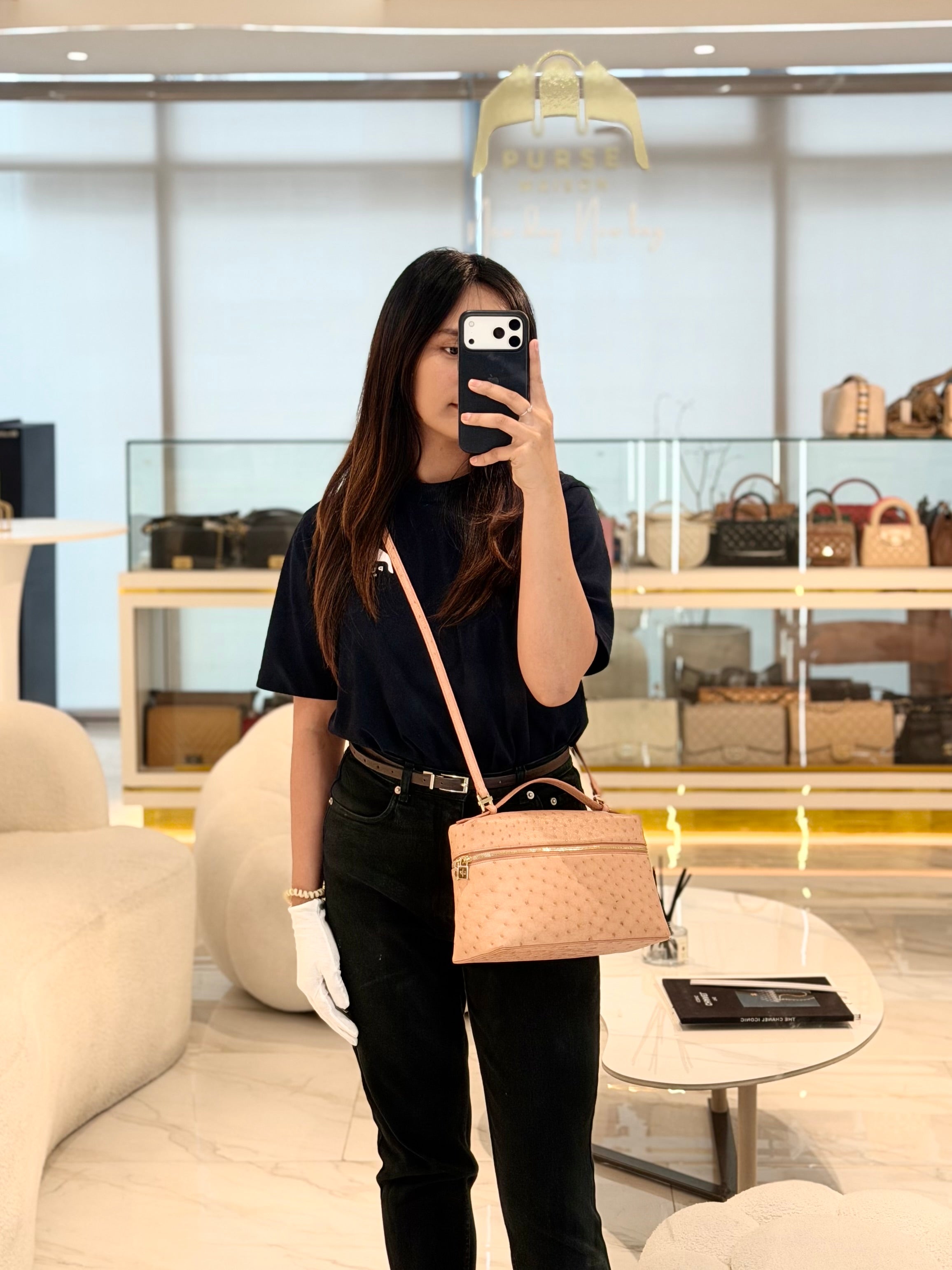 Extra Pocket L27 Pouch in Coral Pink Ostrich Leather & Gold Hardware | Purse Maison Luxury Bags Shop