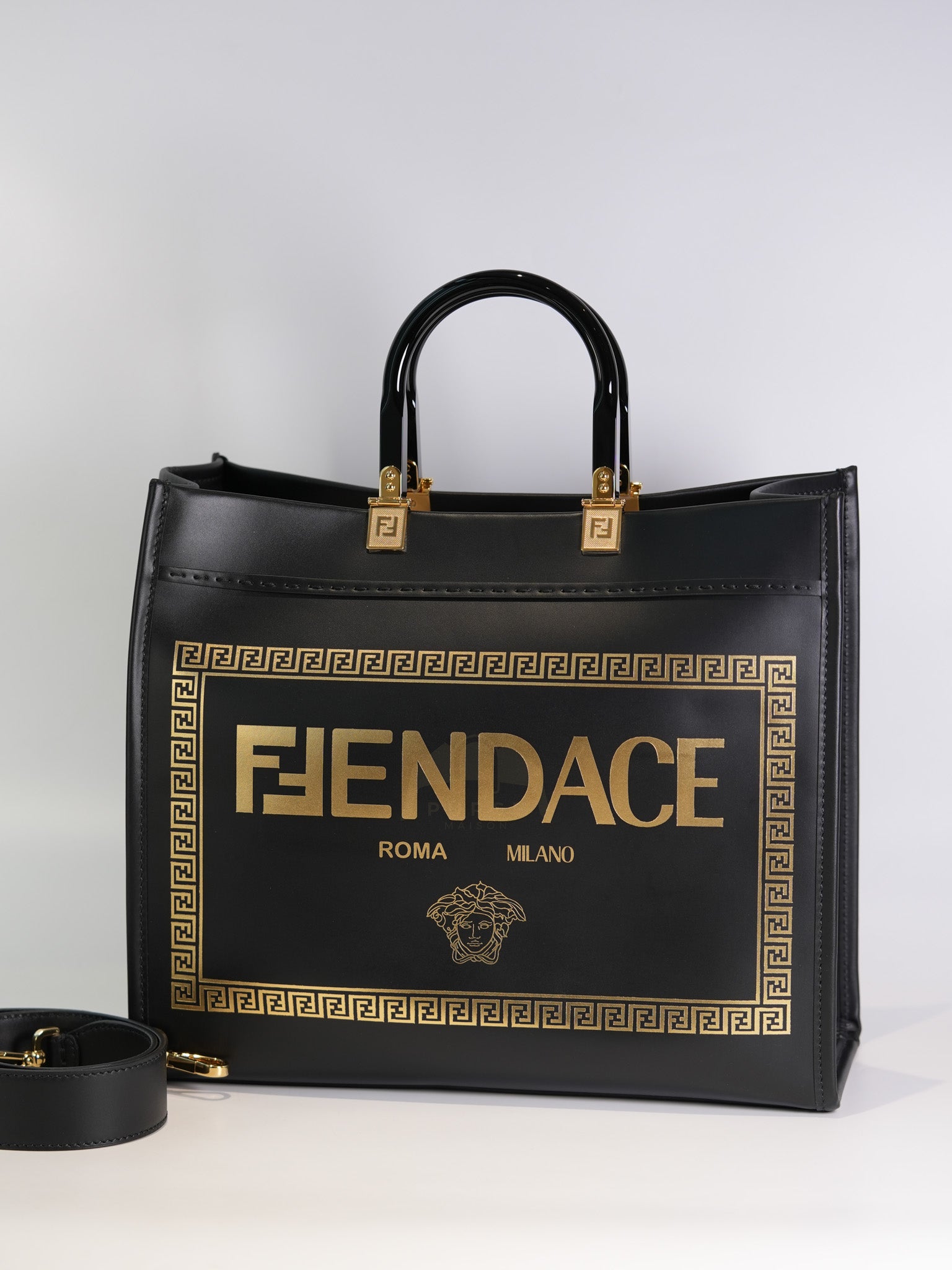 Fendace Sunshine Shopper Tote Bag in Black Calfskin Leather & Gold Hardware | Purse Maison Luxury Bags Shop
