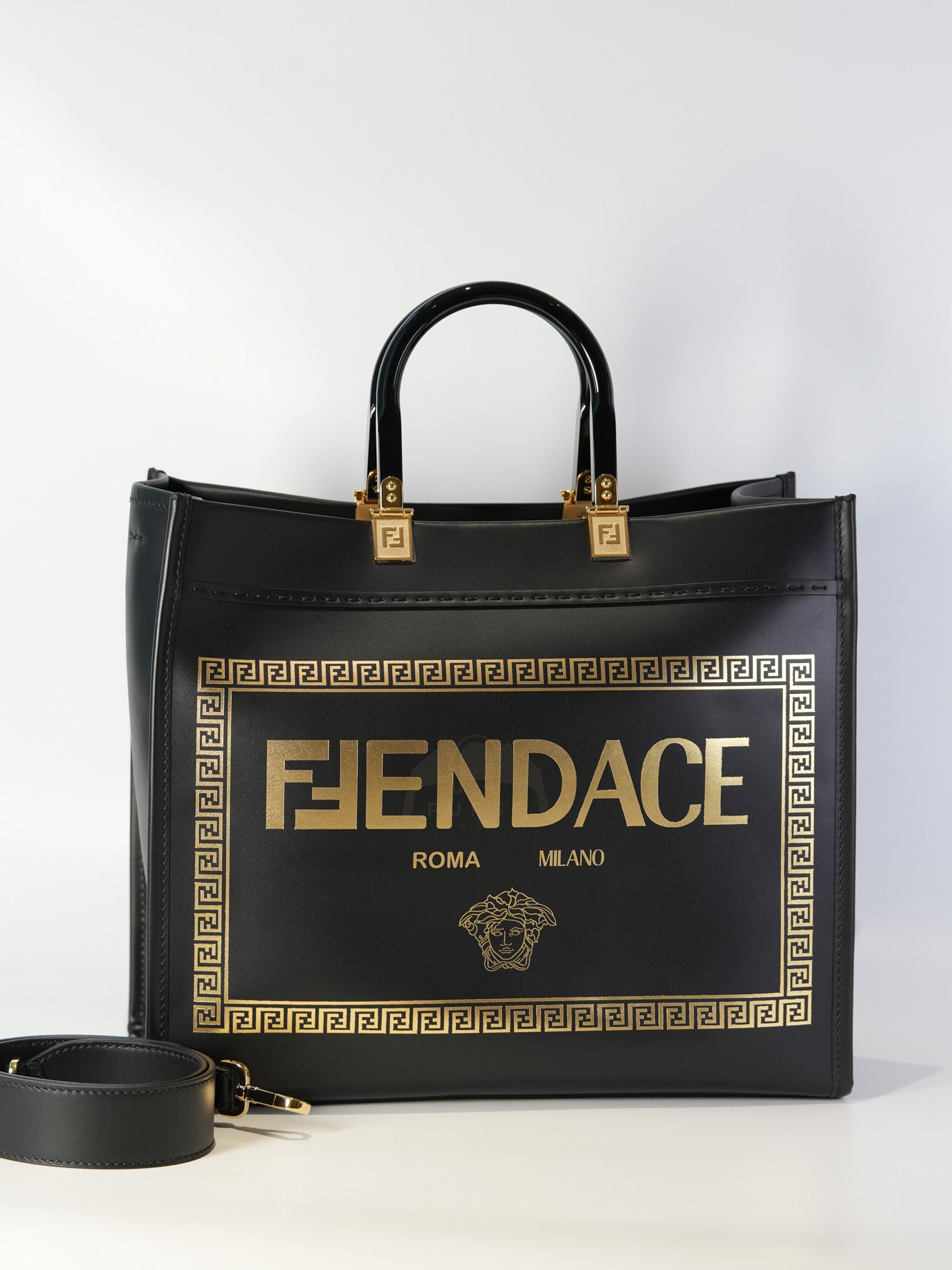 Fendace Sunshine Shopper Tote Bag in Black Calfskin Leather & Gold Hardware | Purse Maison Luxury Bags Shop