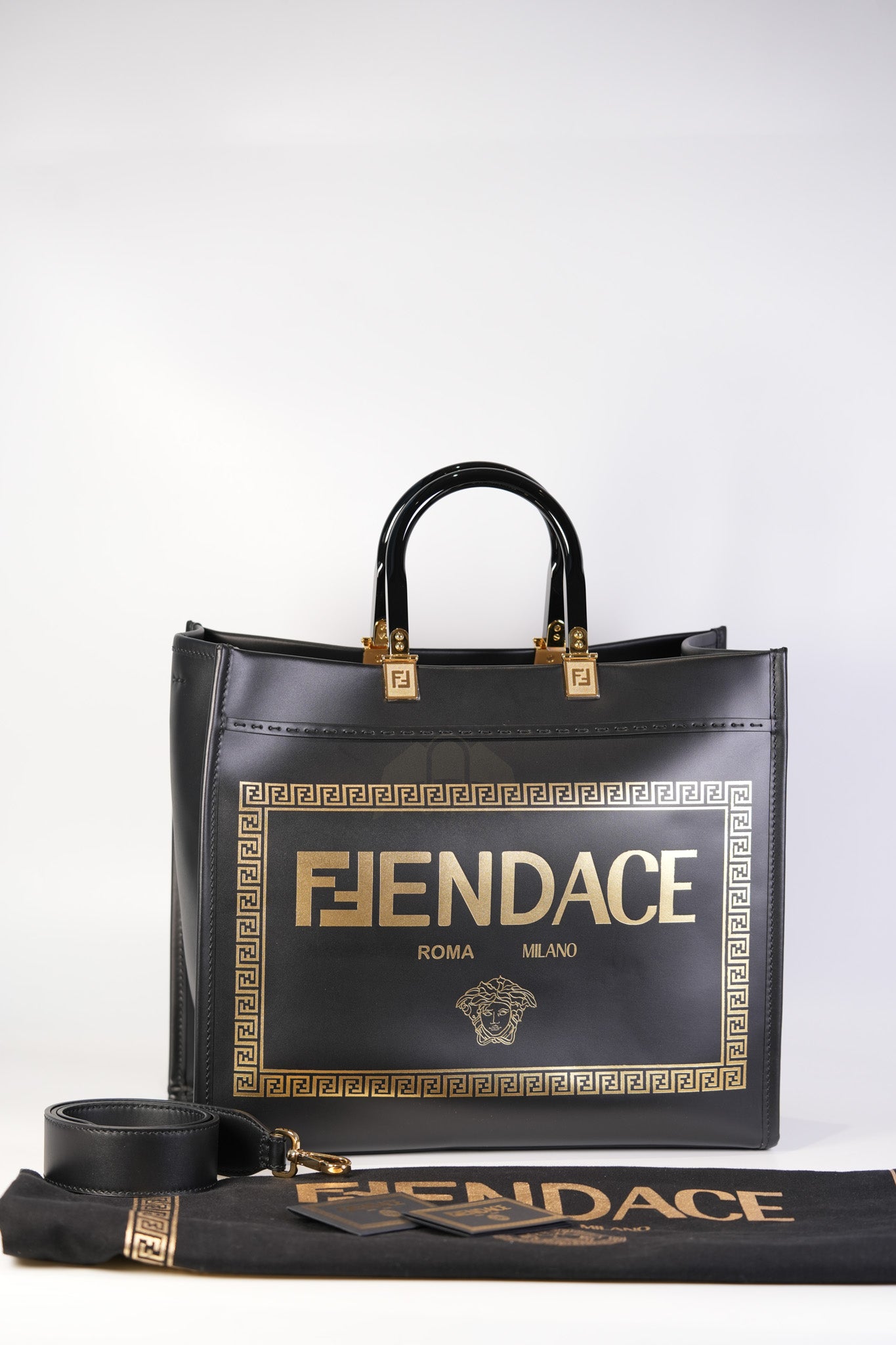 Fendace Sunshine Shopper Tote Bag in Black Calfskin Leather & Gold Hardware | Purse Maison Luxury Bags Shop