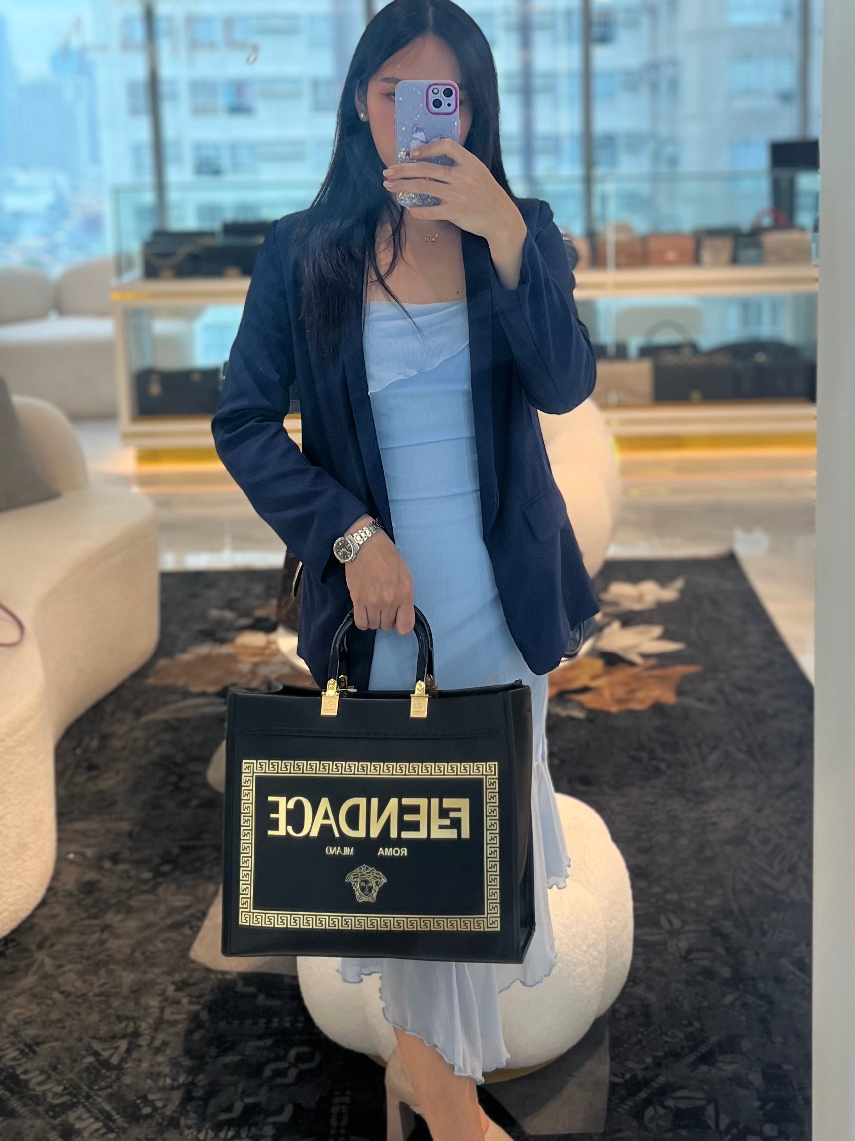 Fendace Sunshine Shopper Tote Bag in Black Calfskin Leather & Gold Hardware | Purse Maison Luxury Bags Shop