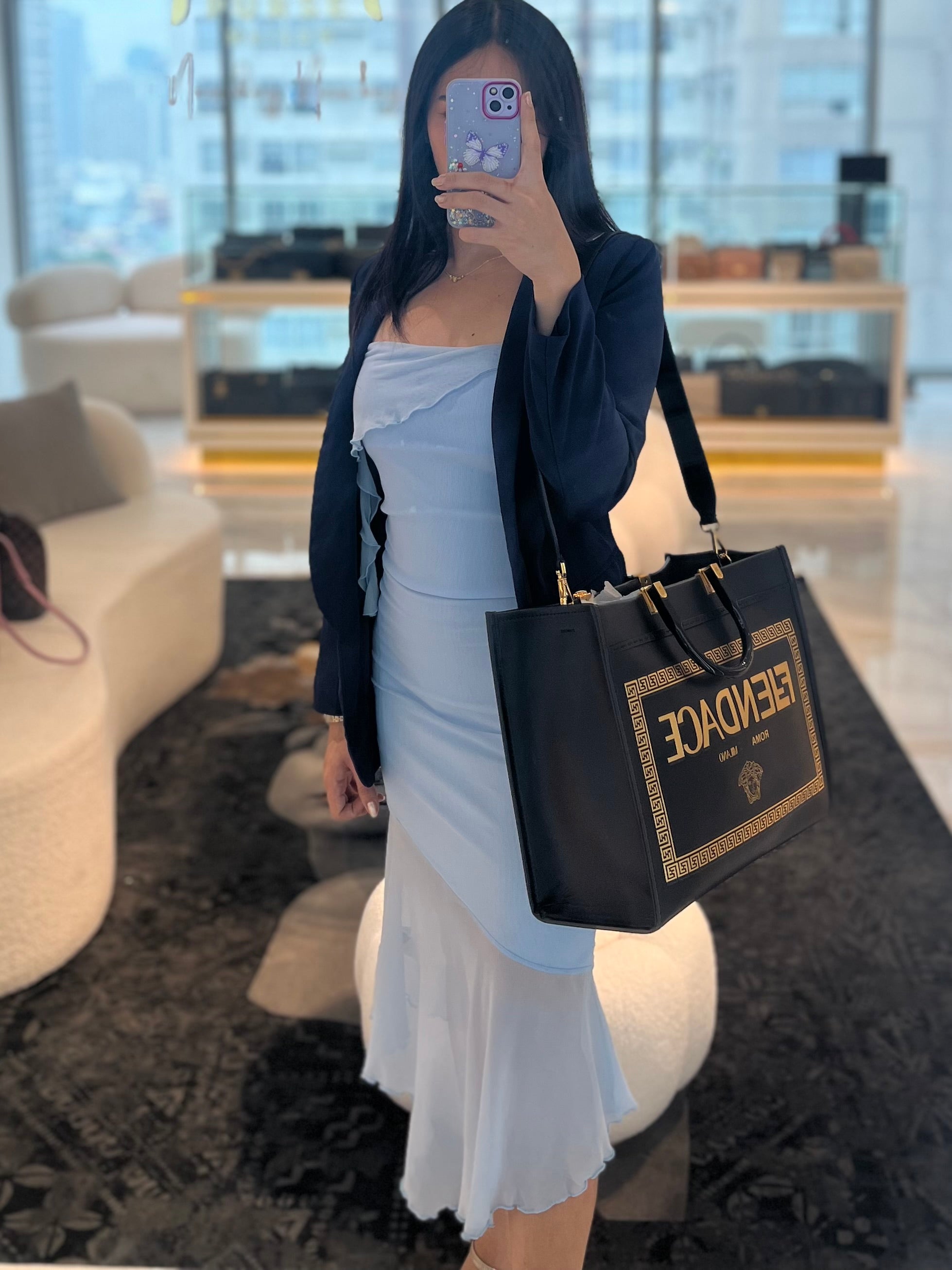 Fendace Sunshine Shopper Tote Bag in Black Calfskin Leather & Gold Hardware | Purse Maison Luxury Bags Shop