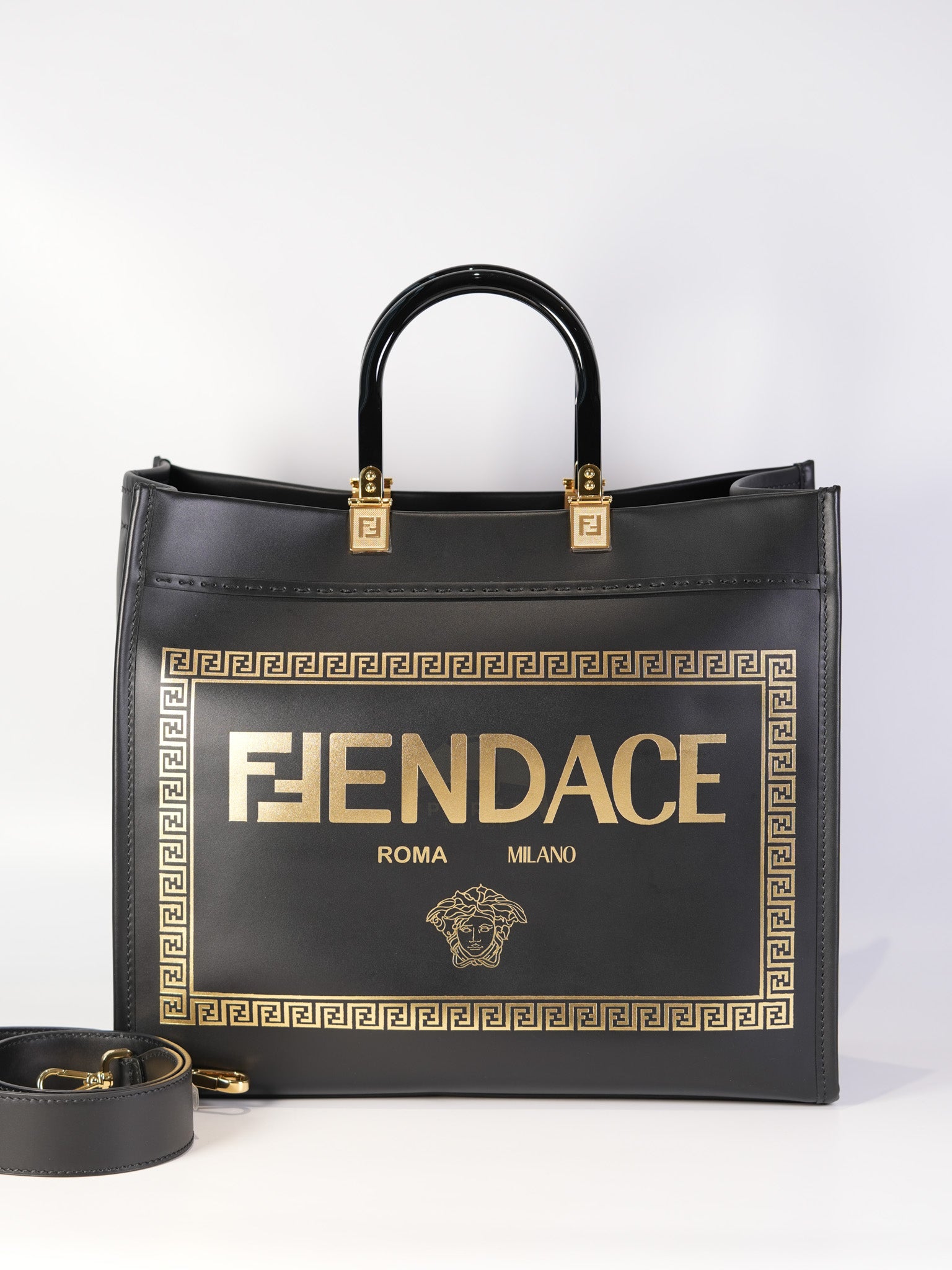 Fendace Sunshine Shopper Tote Bag in Black Calfskin Leather & Gold Hardware | Purse Maison Luxury Bags Shop