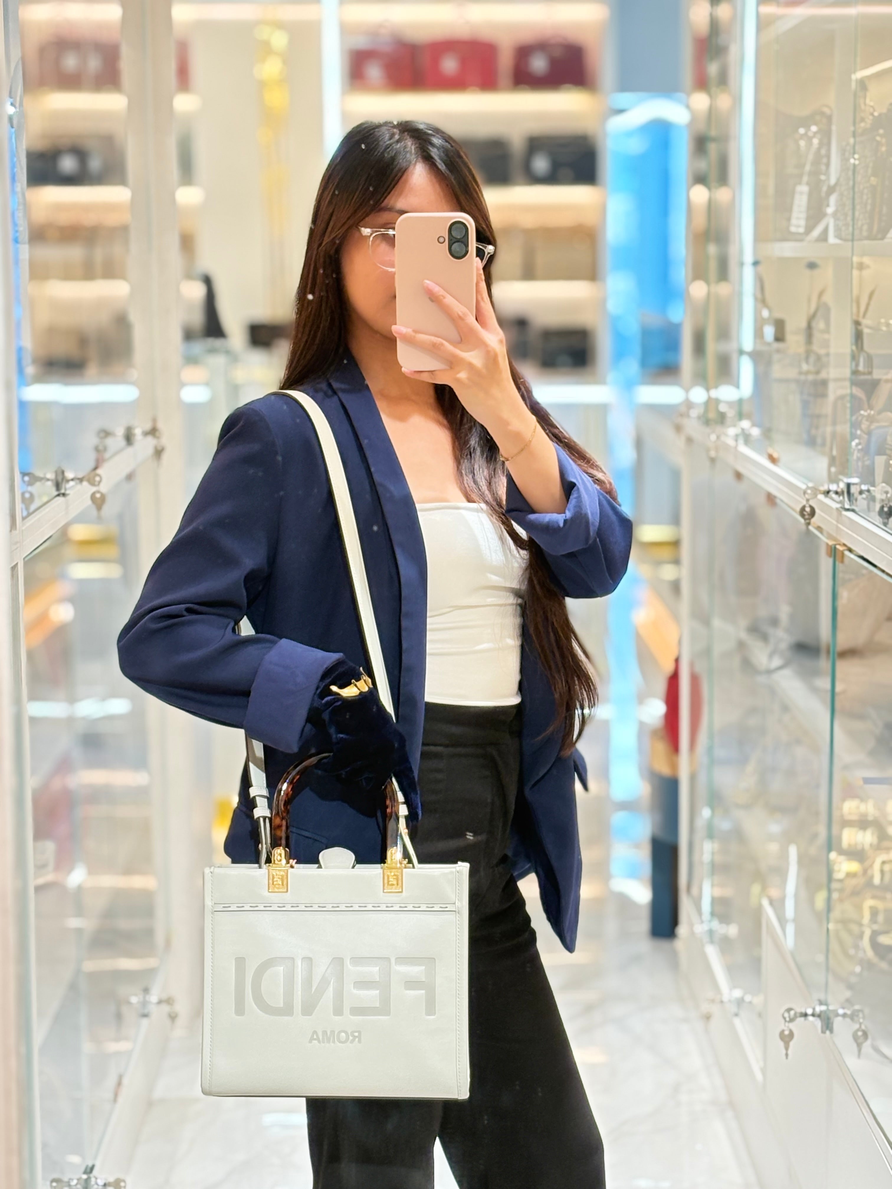 2-Way Sunshine Tote Bag Small in White & Tortoiseshell Plexiglass Handle | Purse Maison Luxury Bags Shop