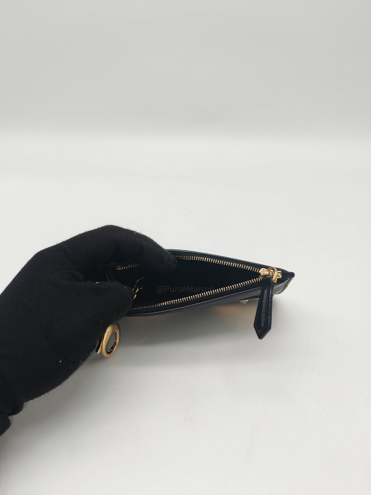 Fendi Bag Bugs Monster Eyes Key Coin Pouch in Black Calfskin Leather and Gold Hardware | Purse Maison Luxury Bags Shop