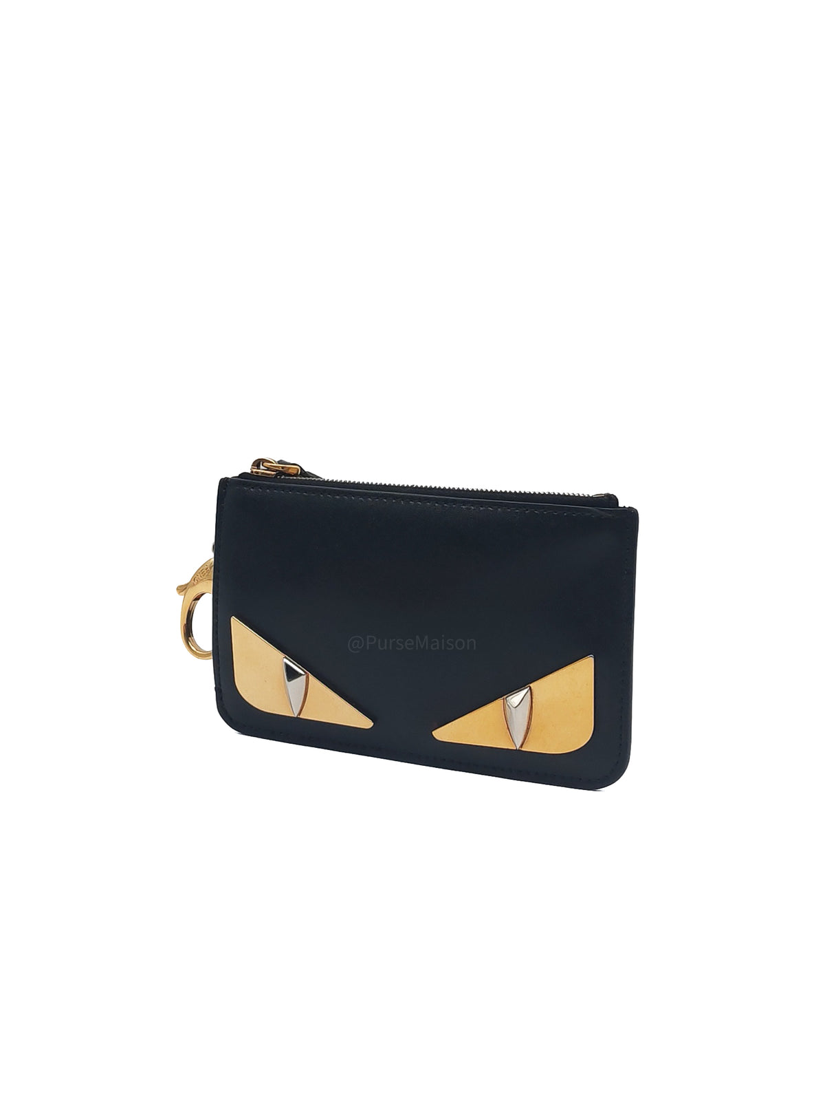 Fendi Bag Bugs Monster Eyes Key Coin Pouch in Black Calfskin Leather and Gold Hardware | Purse Maison Luxury Bags Shop