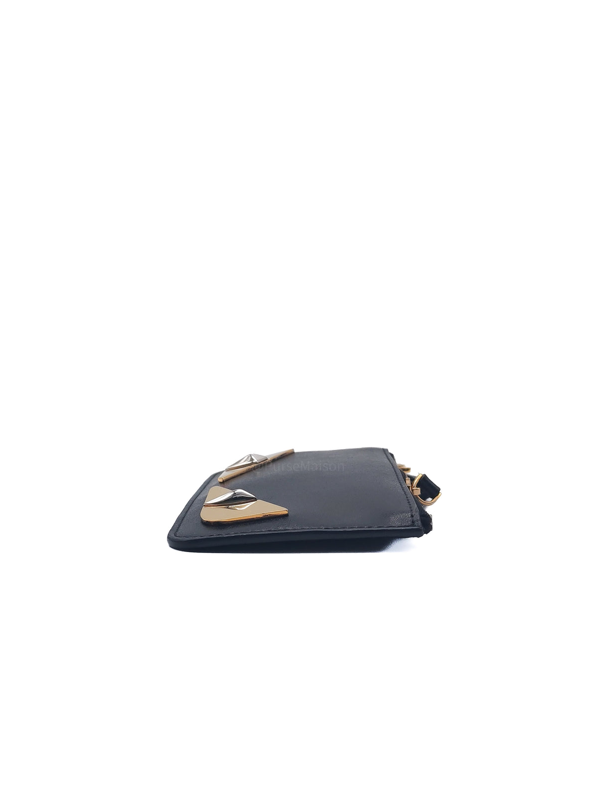 Fendi Bag Bugs Monster Eyes Key Coin Pouch in Black Calfskin Leather and Gold Hardware | Purse Maison Luxury Bags Shop
