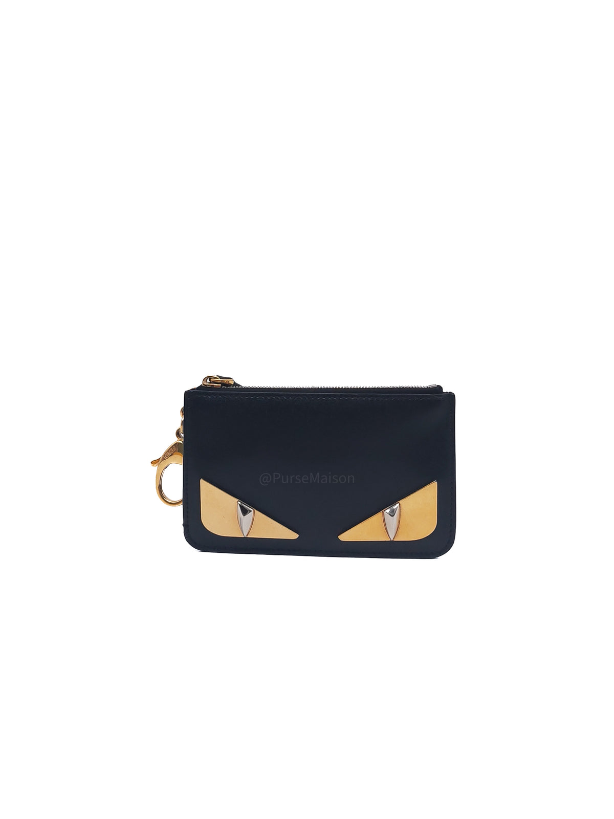 Fendi Bag Bugs Monster Eyes Key Coin Pouch in Black Calfskin Leather and Gold Hardware | Purse Maison Luxury Bags Shop
