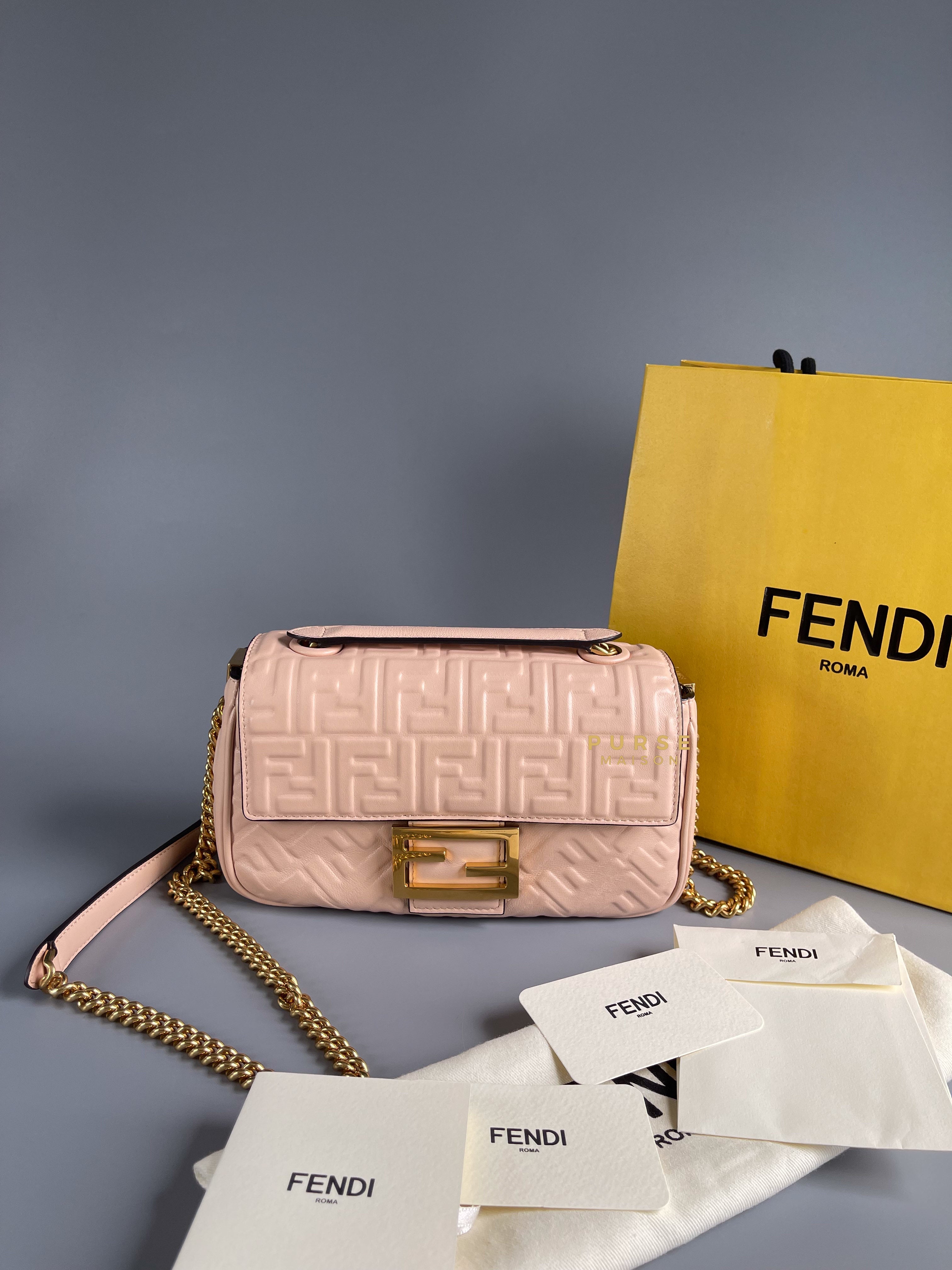 Fendi Baguette Chain Midi Nappa Small Embossed Light Rose | Purse Maison Luxury Bags Shop