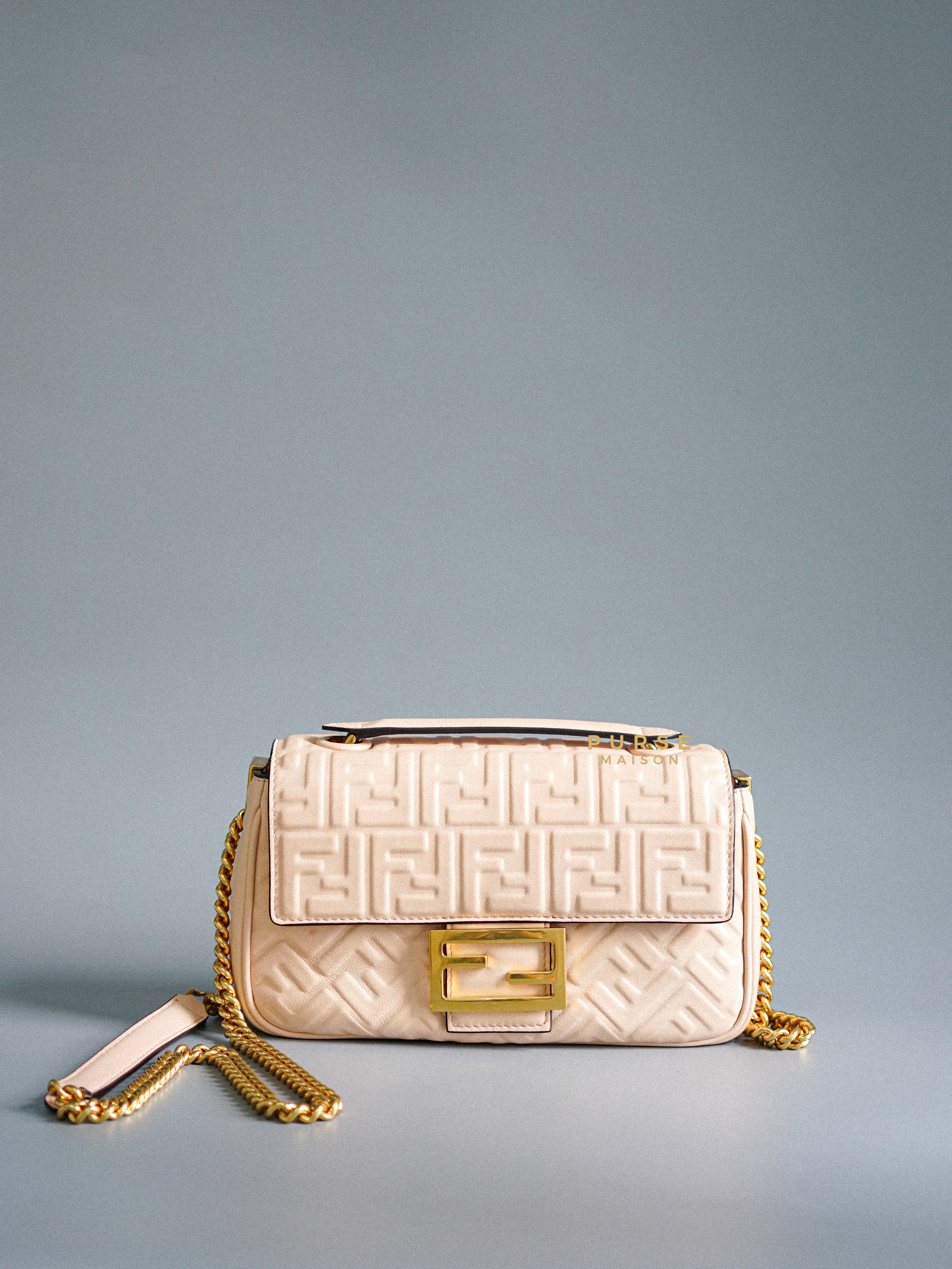 Fendi Baguette Chain Midi Nappa Small Embossed Light Rose | Purse Maison Luxury Bags Shop