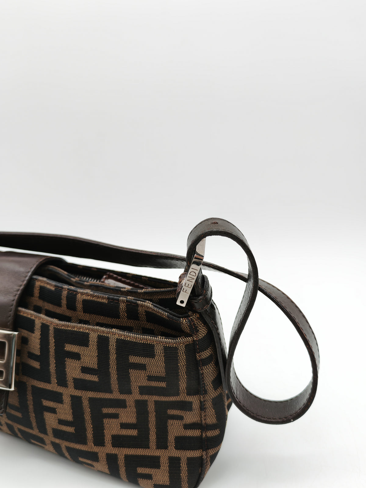 Fendi Baguette Shoulder Bag in FF Monogram Zucca Canvas and Silver Hardware | Purse Maison Luxury Bags Shop
