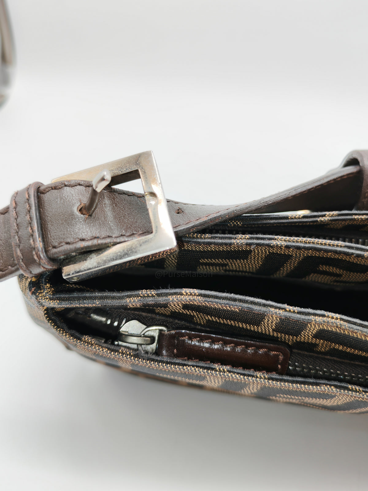 Fendi Baguette Shoulder Bag in FF Monogram Zucca Canvas and Silver Hardware | Purse Maison Luxury Bags Shop