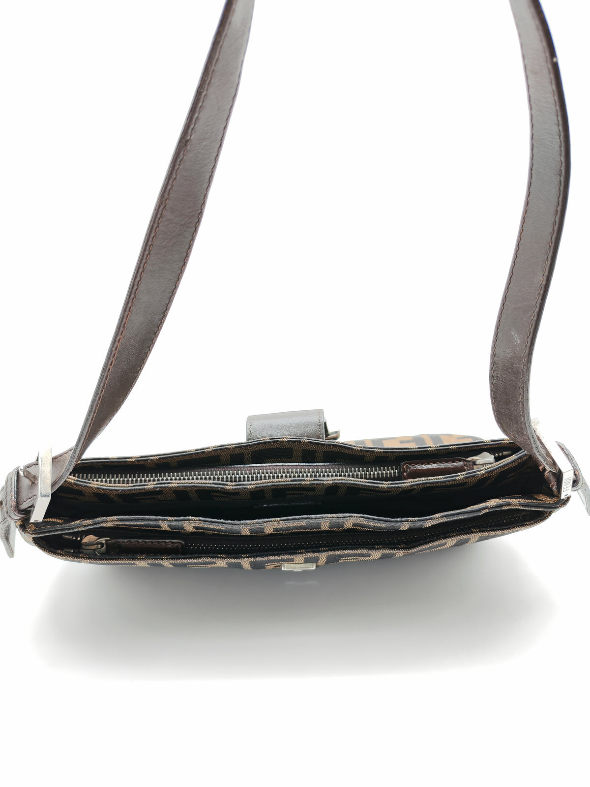 Fendi Baguette Shoulder Bag in FF Monogram Zucca Canvas and Silver Hardware | Purse Maison Luxury Bags Shop