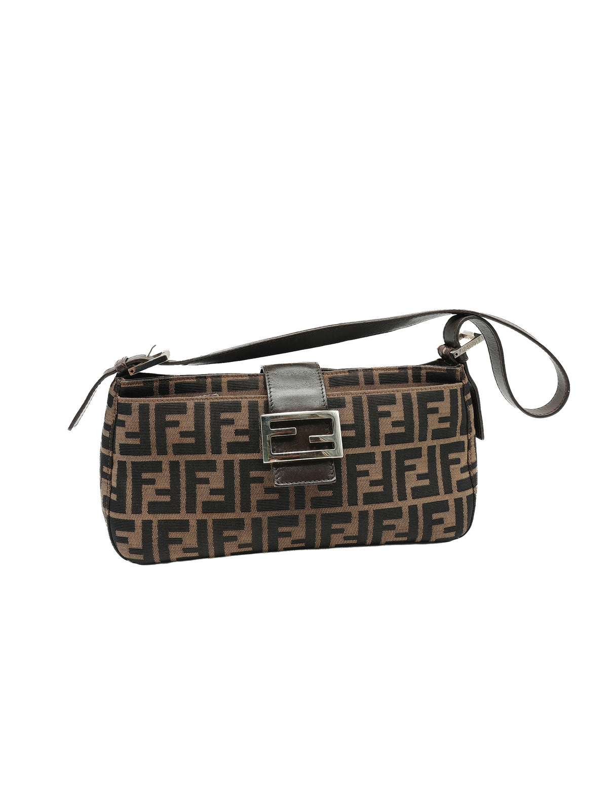 Fendi Baguette Shoulder Bag in FF Monogram Zucca Canvas and Silver Hardware | Purse Maison Luxury Bags Shop