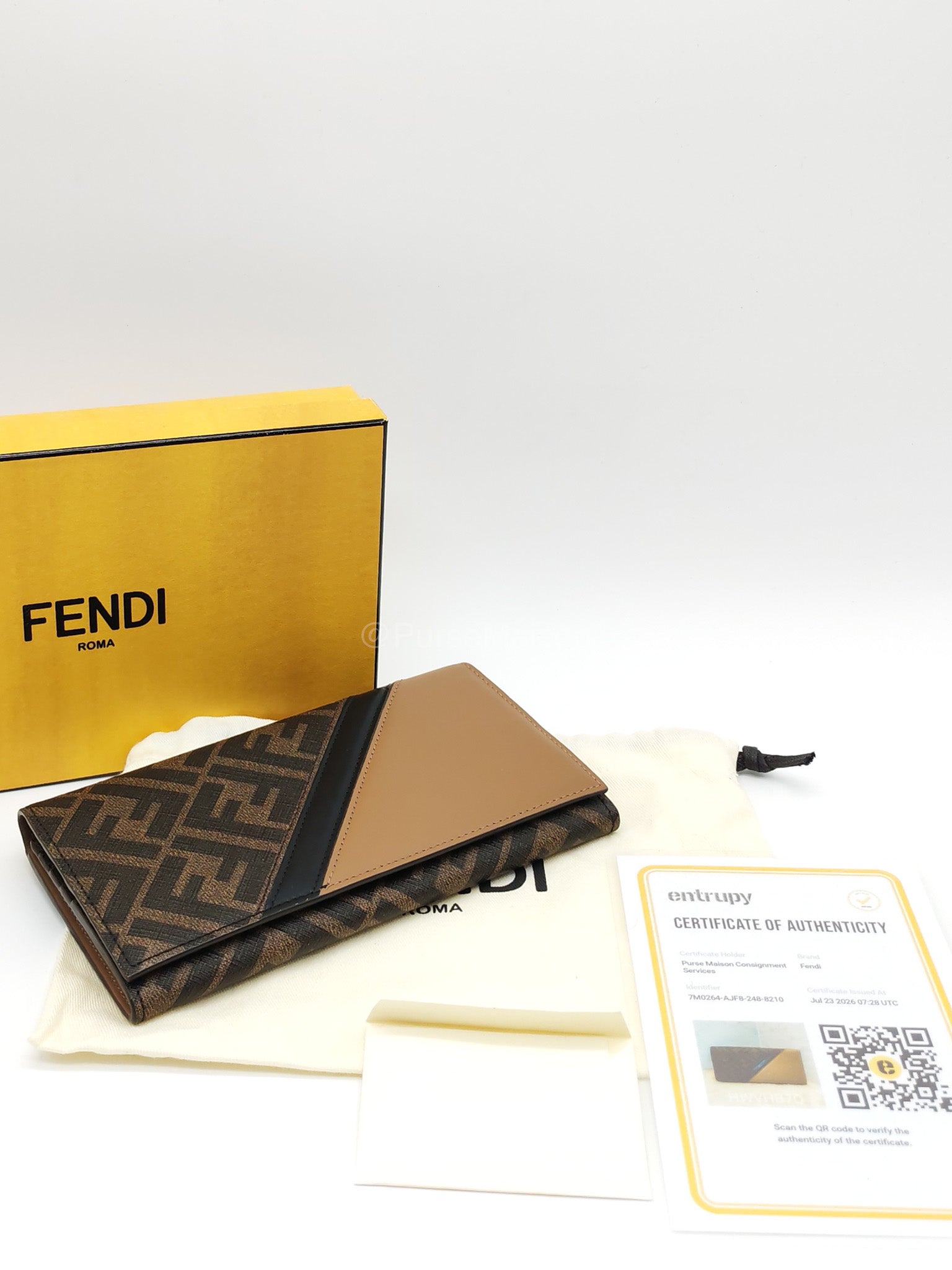 Fendi Diagonal Bi-fold Long Wallet in Brown/Black FF Logo Canvas | Purse Maison Luxury Bags Shop