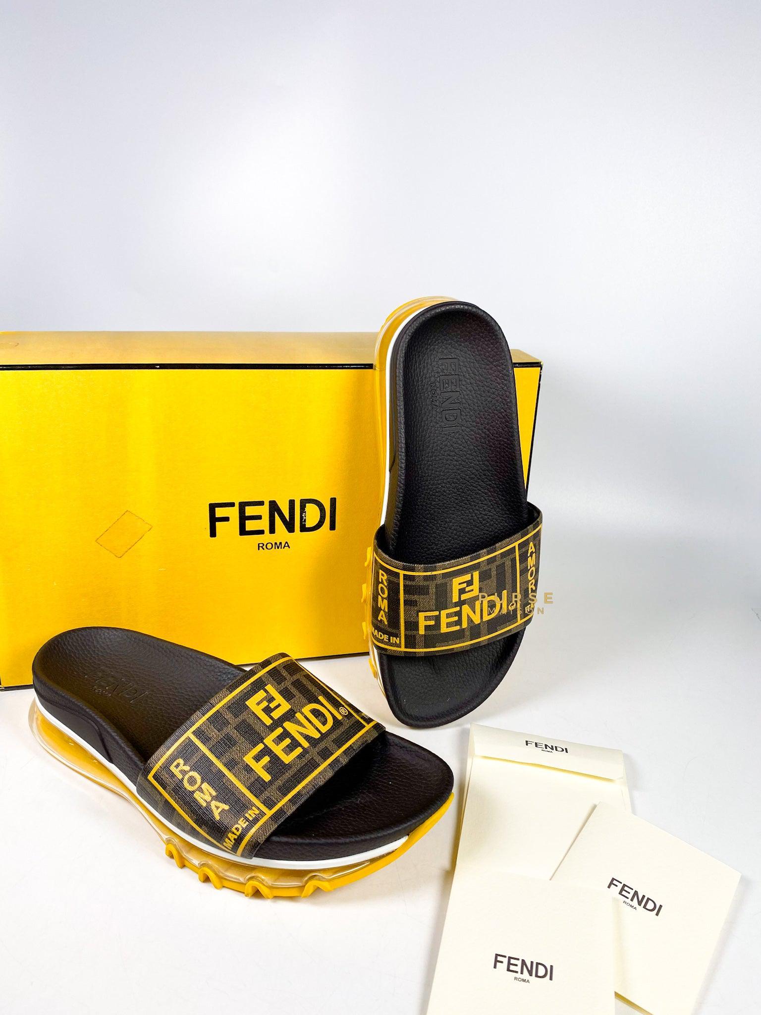 Fendi FF Brown Logo Print Slides (Size 6 US, 27cm)