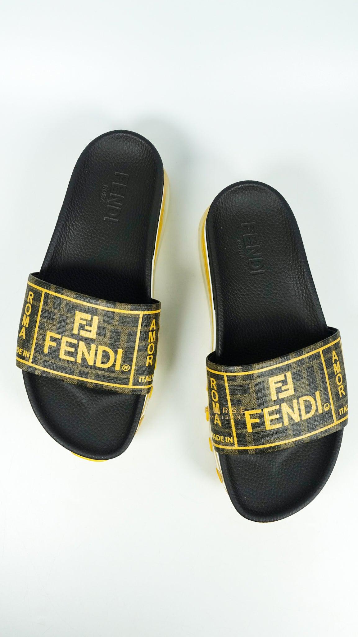 Fendi FF Brown Logo Print Slides (Size 6 US, 27cm)