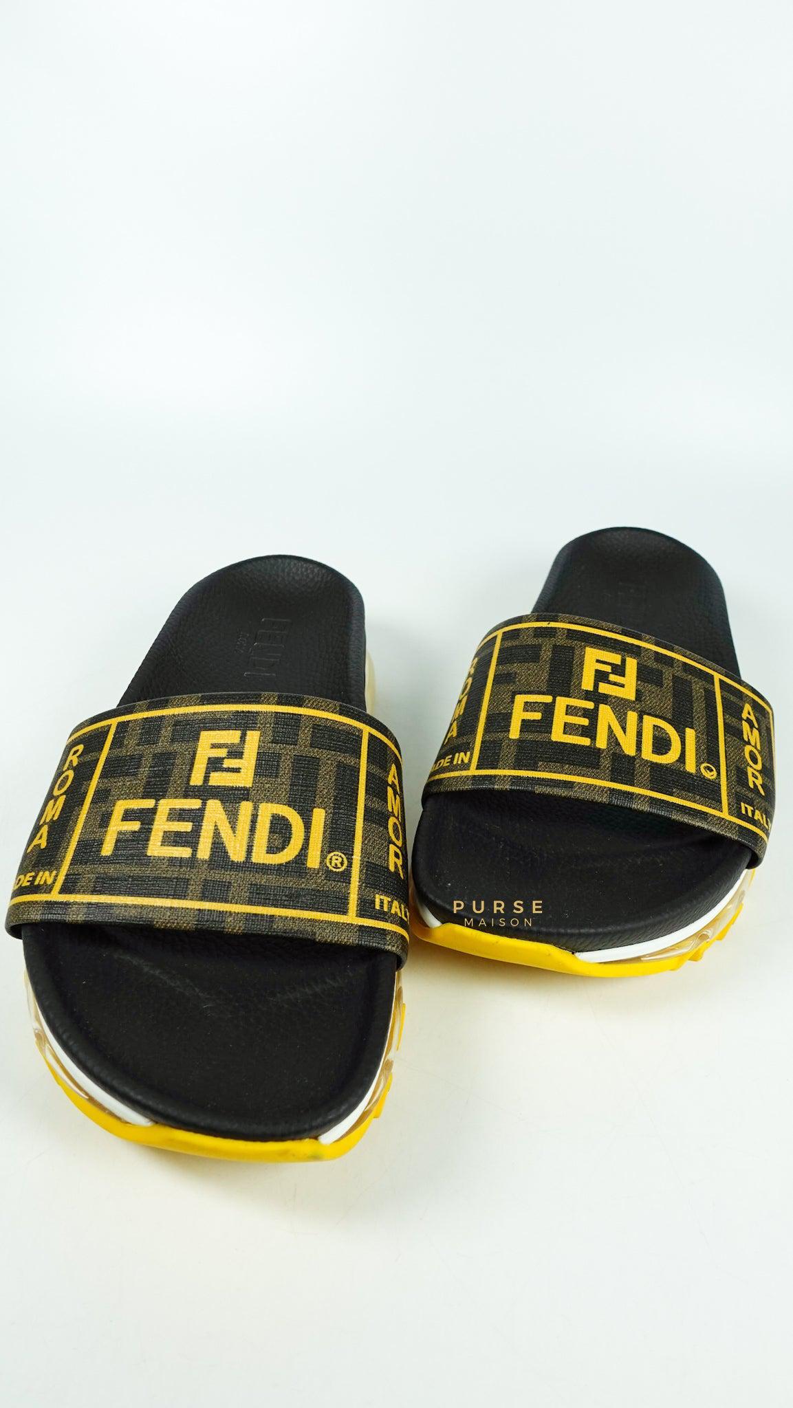 Fendi FF Brown Logo Print Slides (Size 6 US, 27cm)