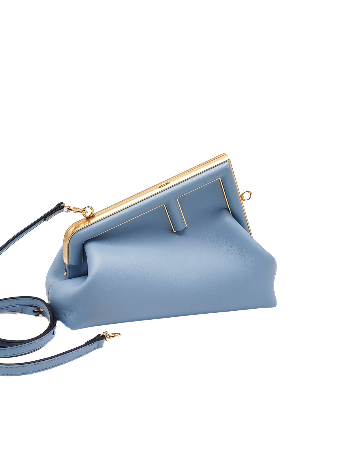 Fendi First Bag Small in Azzurro Light Blue Calfskin Leather and Gold Hardware | Purse Maison Luxury Bags Shop