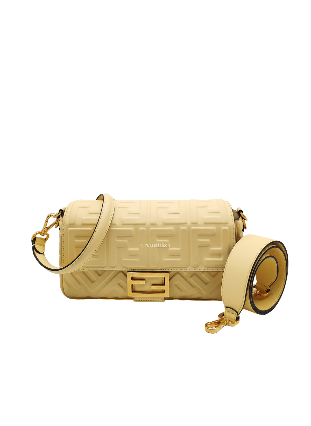 Fendi Medium Baguette FF Nappa Leather Gold Hardware Light Yellow | Purse Maison Luxury Bags Shop
